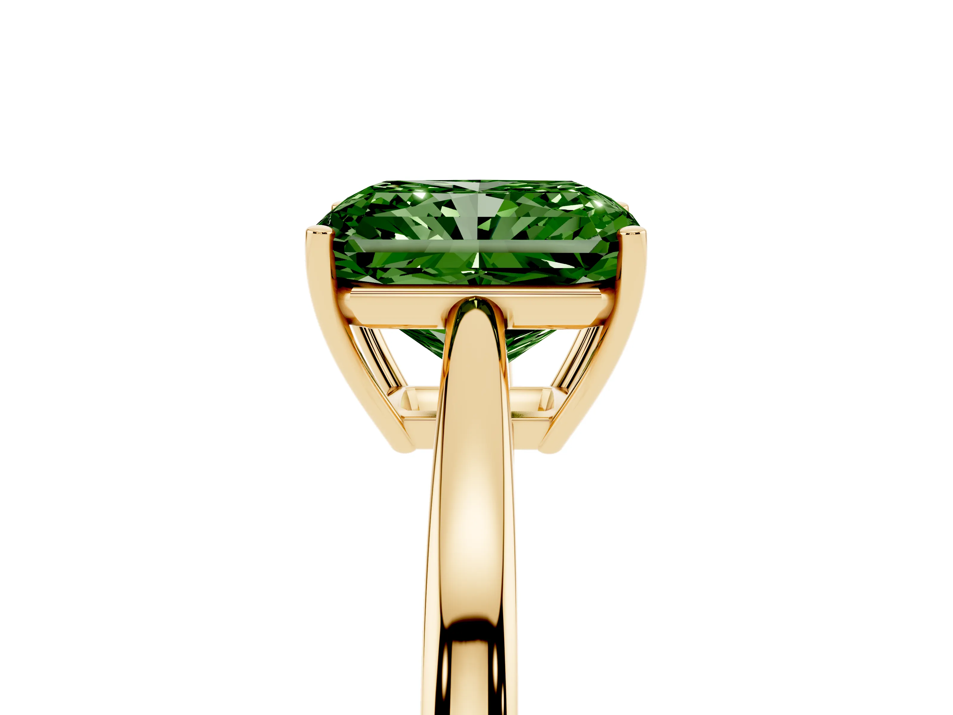Fancy Green Radiant Cut Diamond Solitaire Ring Set in Yellow gold with Split Shank and Prong Setting