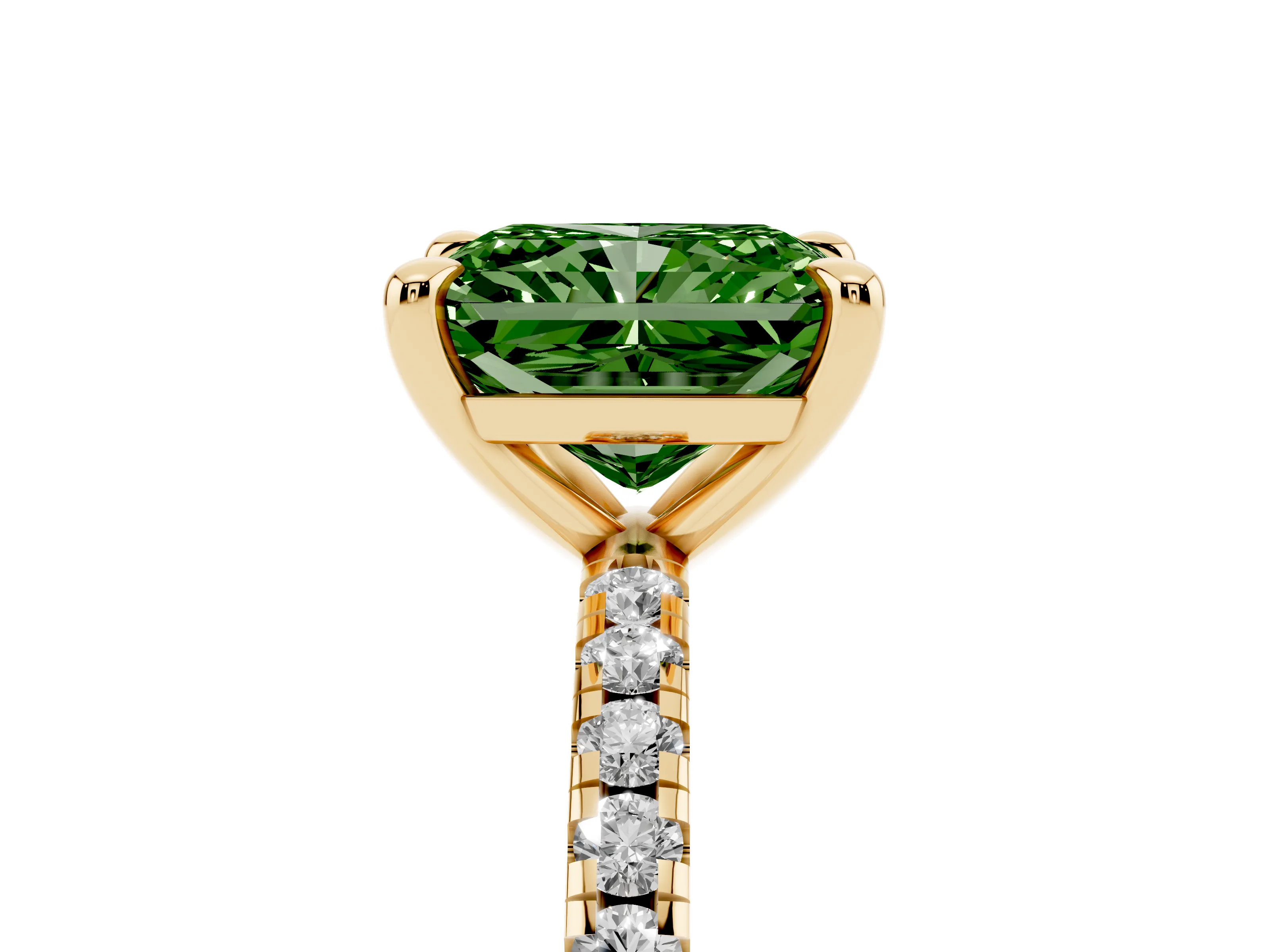 Fancy Green Radiant Cut Diamond Brilliant Solitaire Ring Set in Yellow gold with Pavé Band and Prong Setting