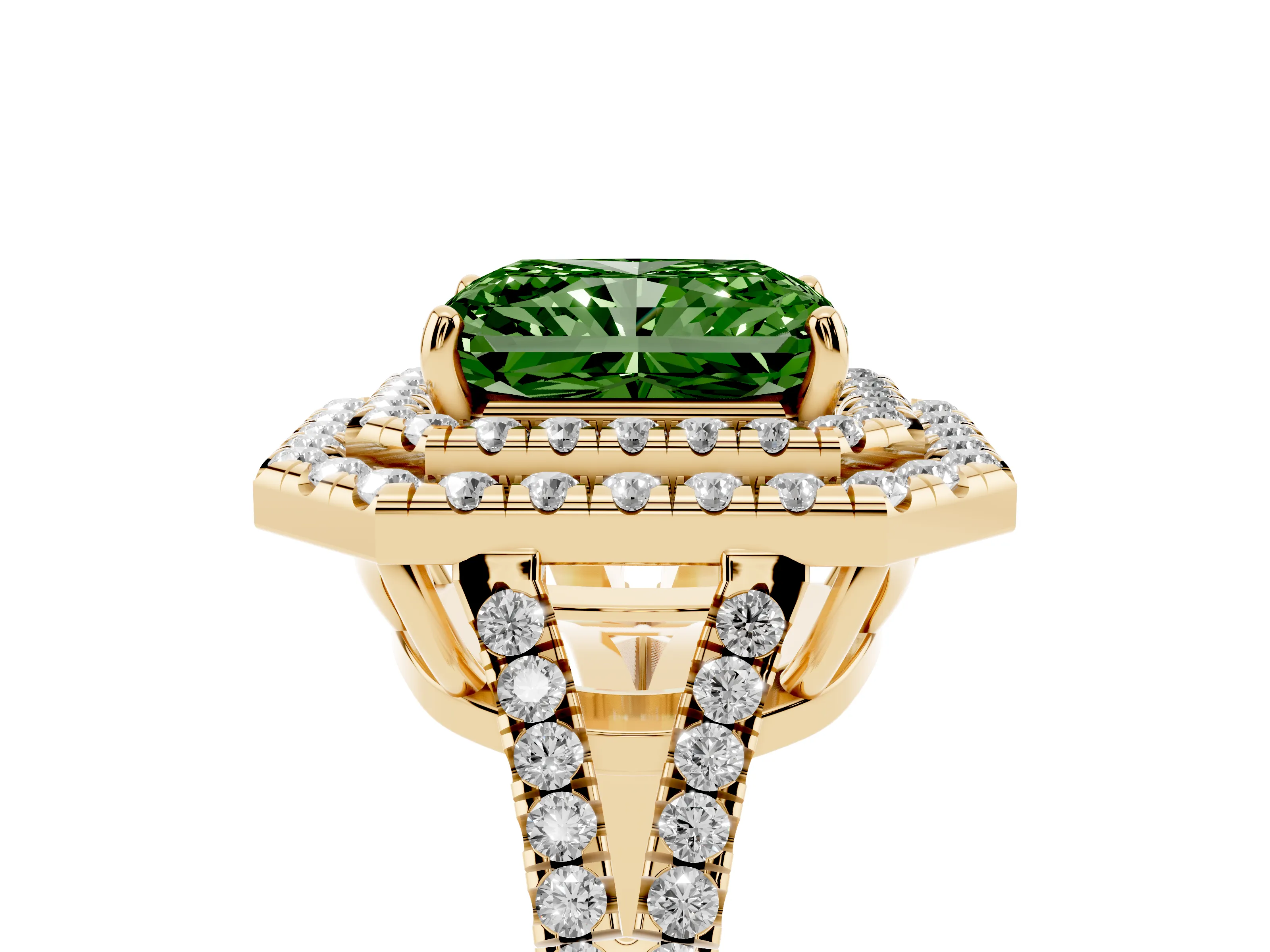 Fancy Green Radiant Cut Diamond Double Halo Ring Set in Yellow gold with Pavé Band
