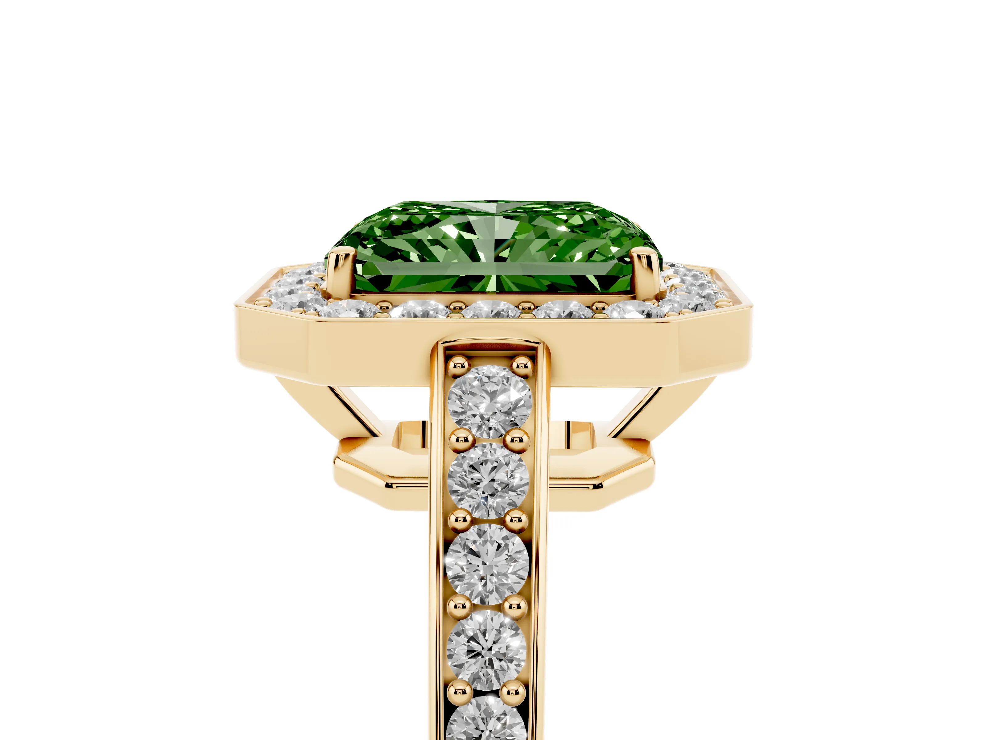 Fancy Green Radiant Cut Diamond Halo Pavé Engagement Ring Set in Yellow gold with Bezel Setting