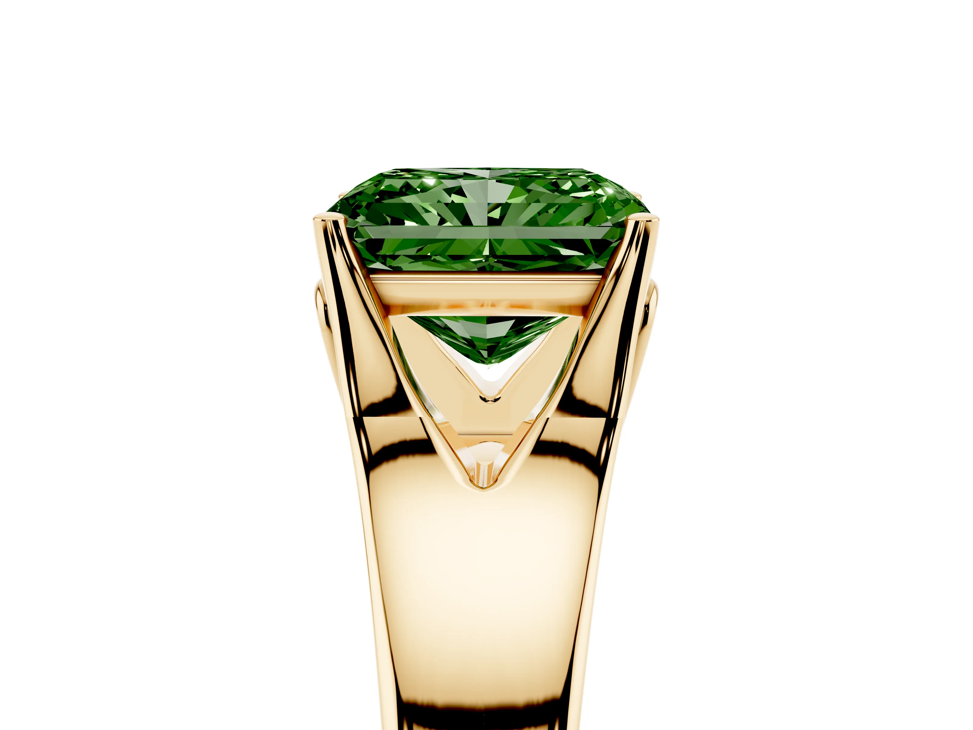 Fancy Green Radiant Cut Diamond Solitaire Ring Set in Yellow gold with Arched Cathedral Band and Prong Setting