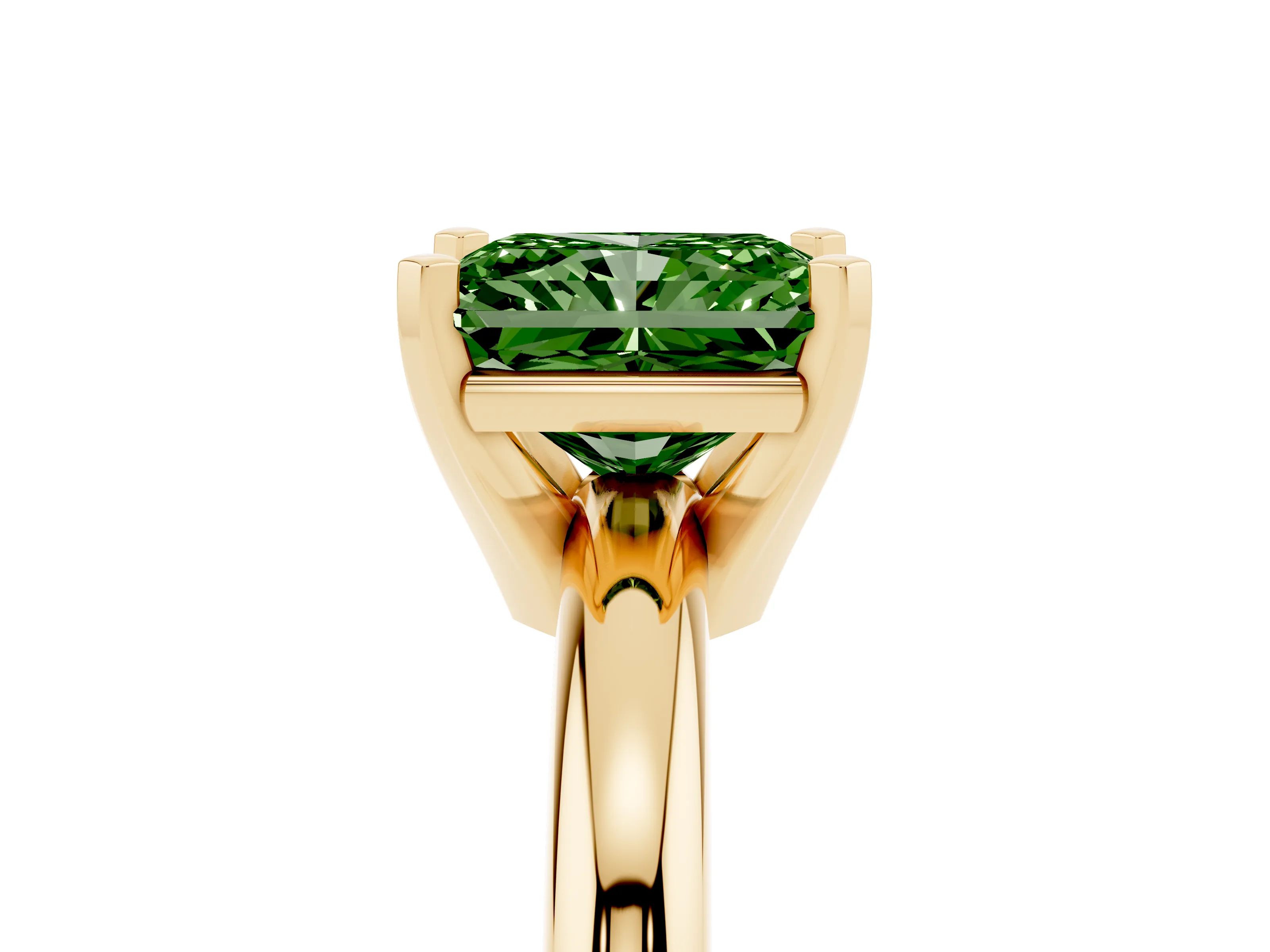 Fancy Green Radiant Cut Diamond Solitaire Engagement Ring Set in Yellow gold with Round Band and Prong Setting