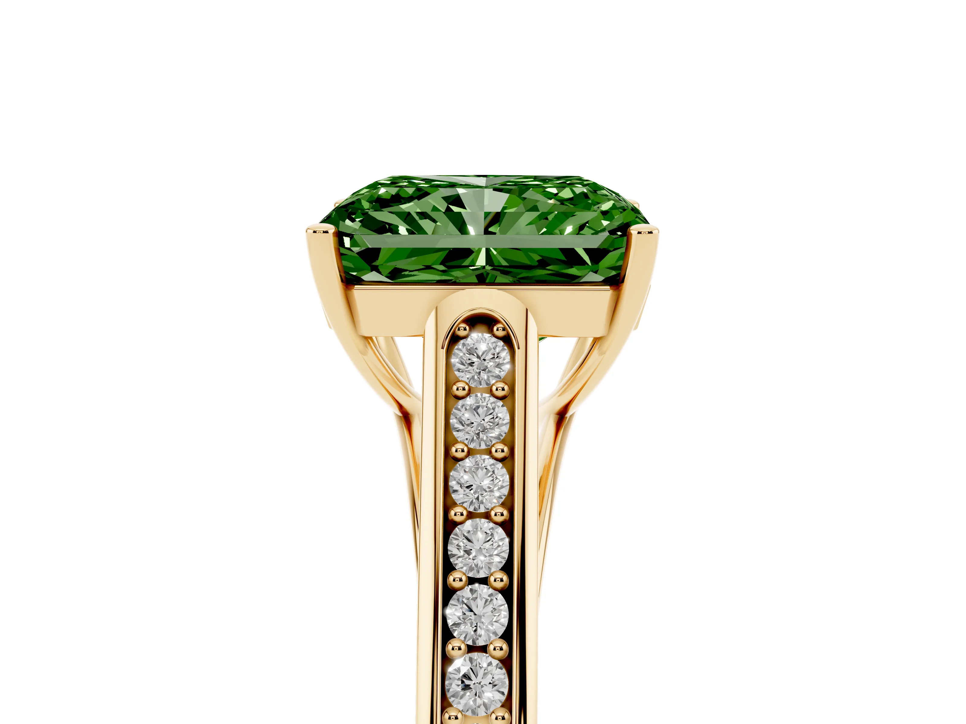 Fancy Green Radiant Cut Diamond Solitaire Cathedral Engagement Ring Set in Yellow gold with Channel-Set Band and Prong Setting