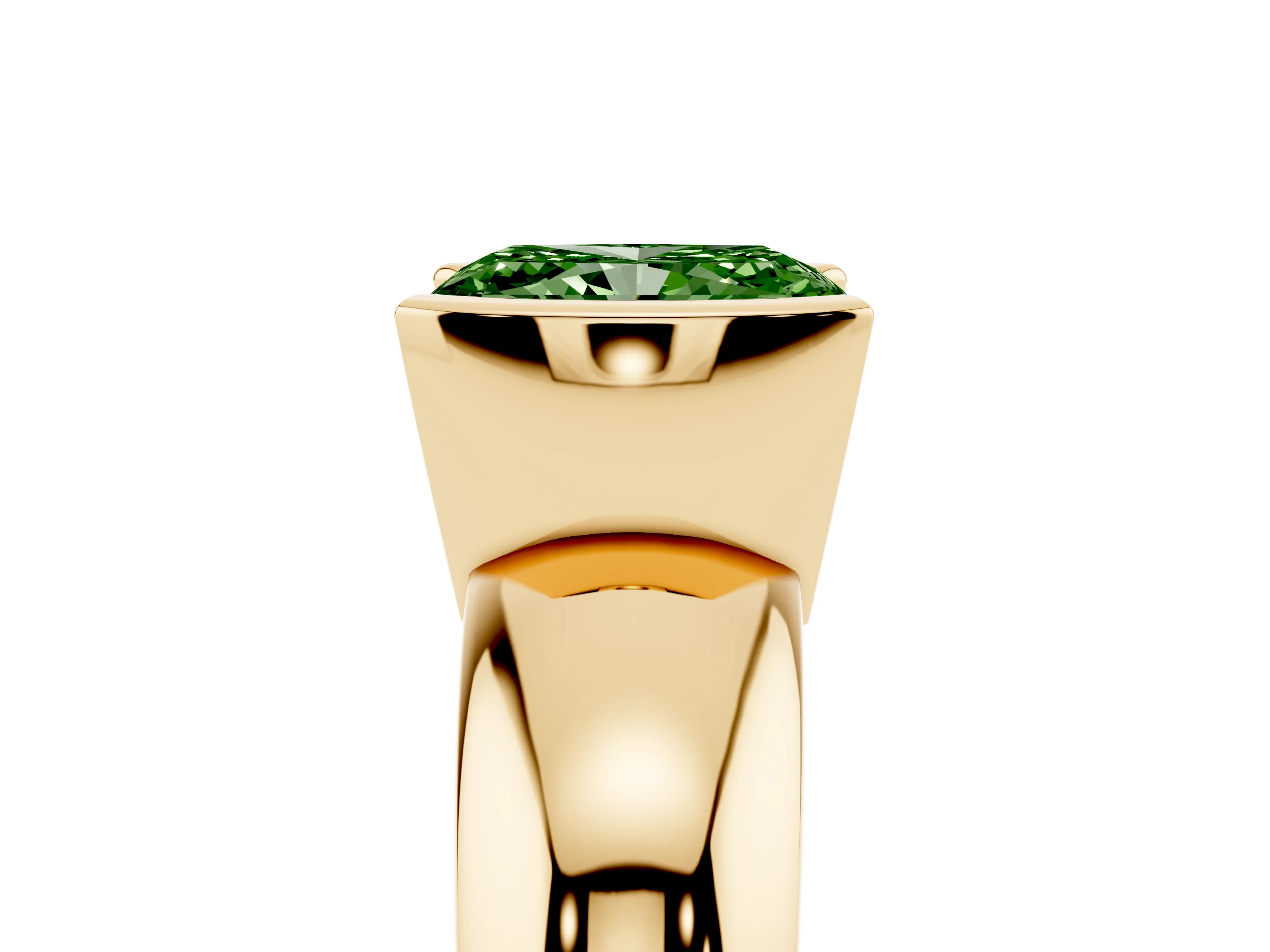 Fancy Green Radiant Cut Diamond Solitaire Tension Set Ring Set in Yellow gold with Wide Band
