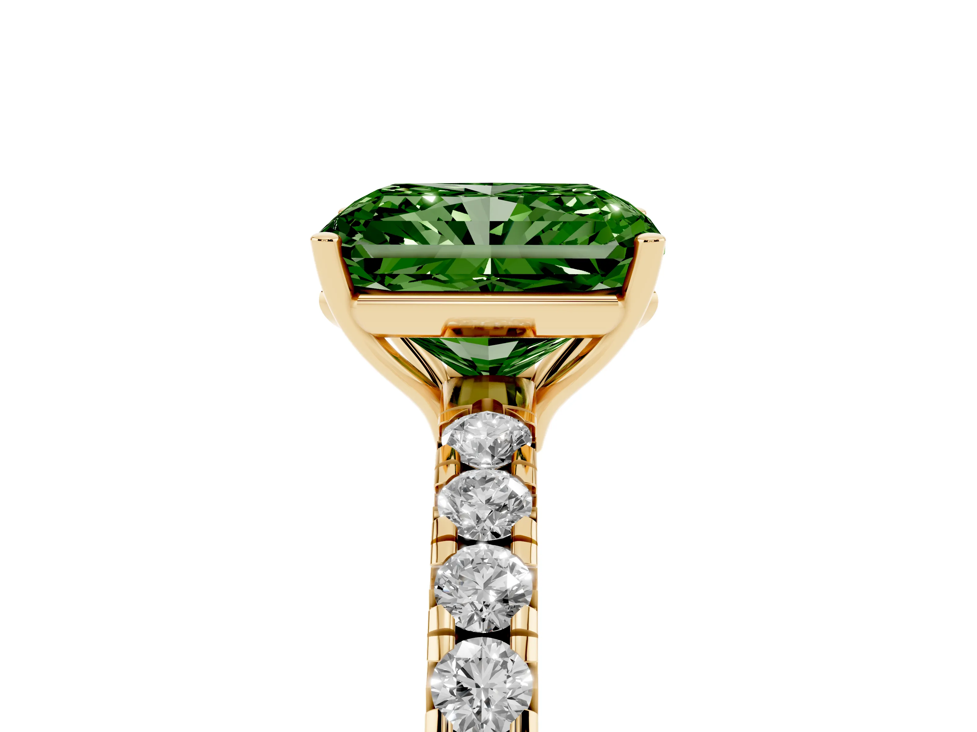 Fancy Green Radiant Cut Diamond Pavé Solitaire Engagement Ring Set in Yellow gold with Prong Setting