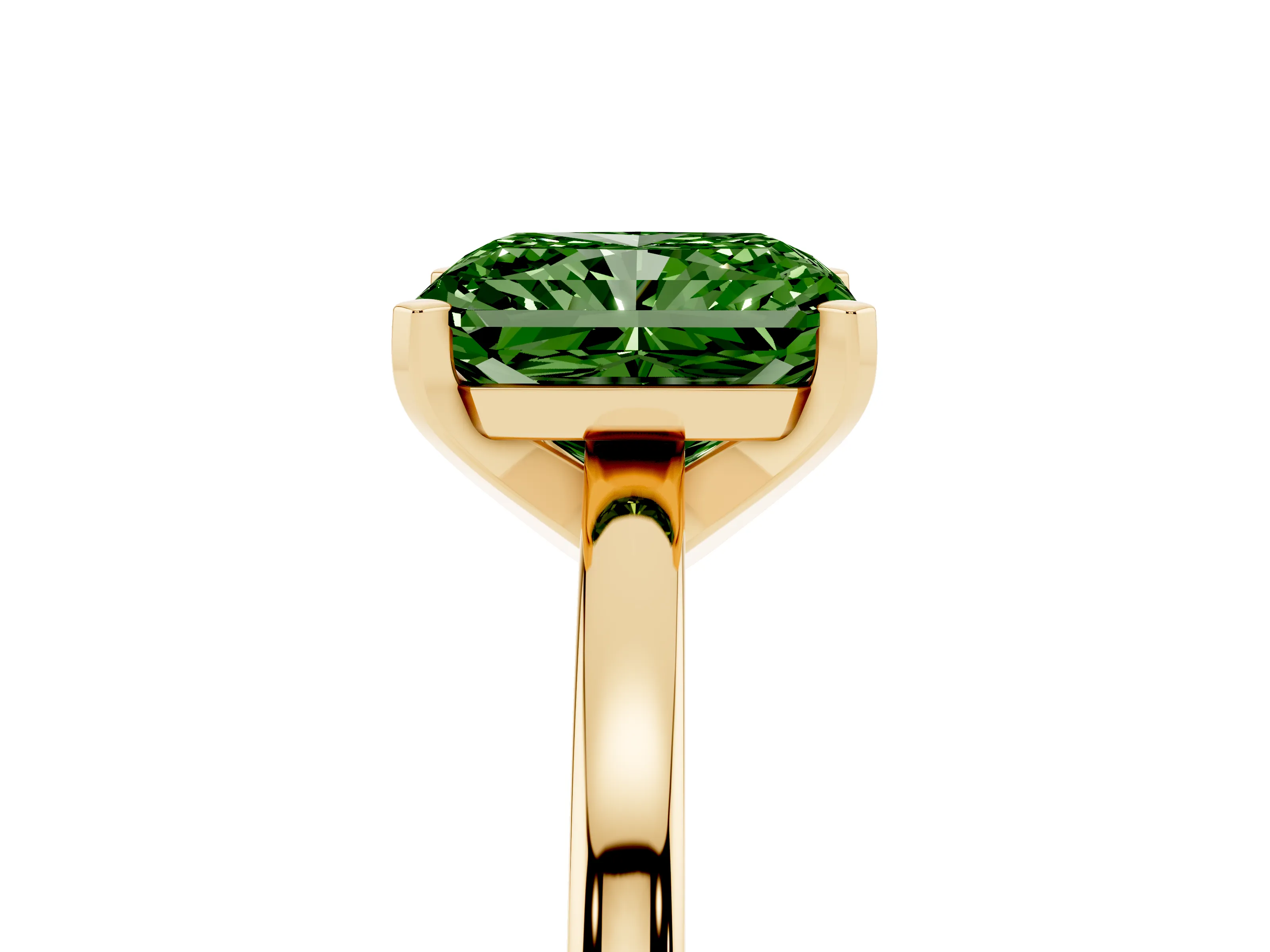 Fancy Green Radiant Cut Diamond Solitaire Engagement Ring Set in Yellow gold with Prong Setting on a Classic Band