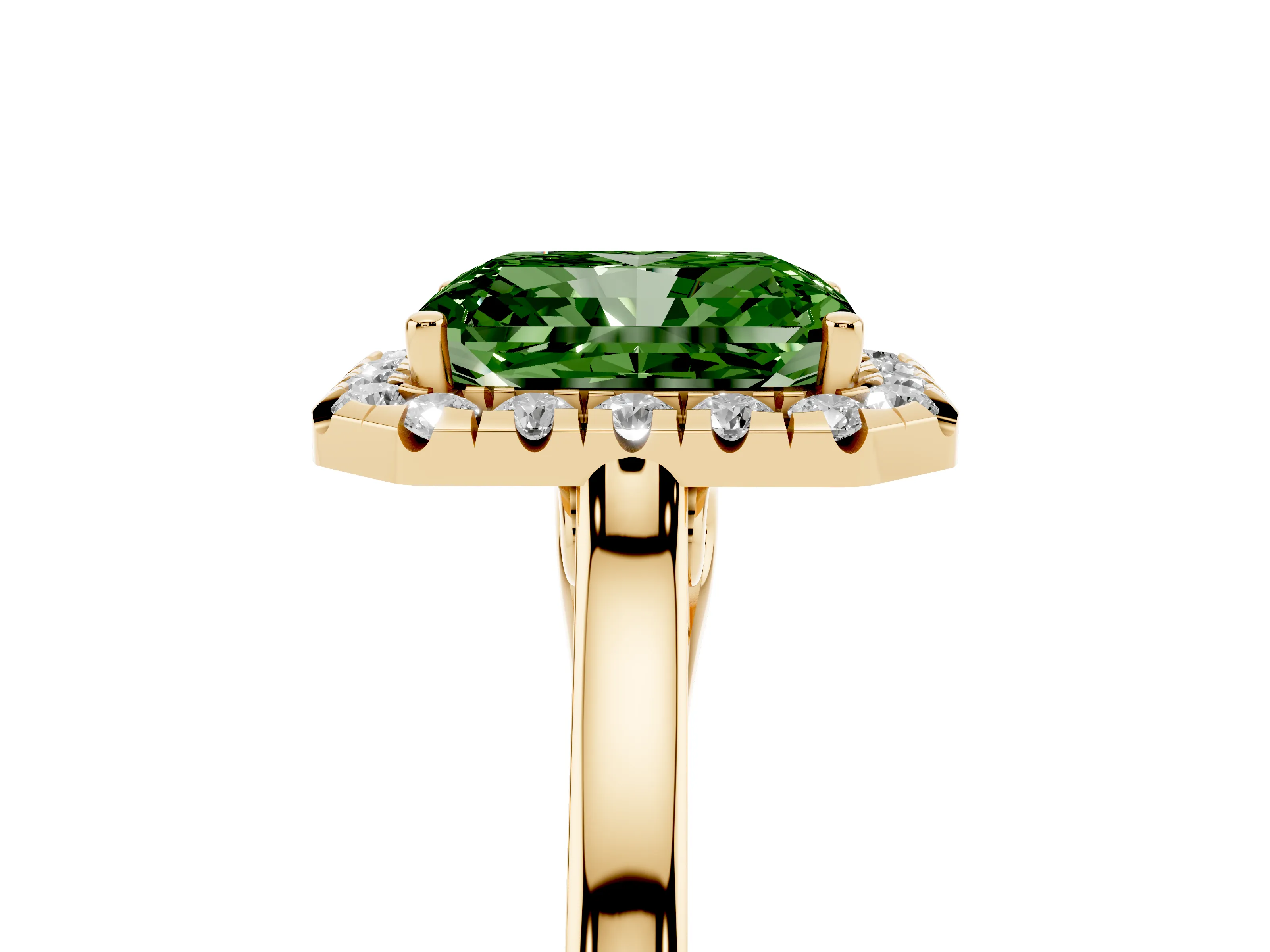 Fancy Green Radiant Cut Halo Round Diamond Solitaire Ring Set in Yellow gold with Pavé Band and Prong Setting