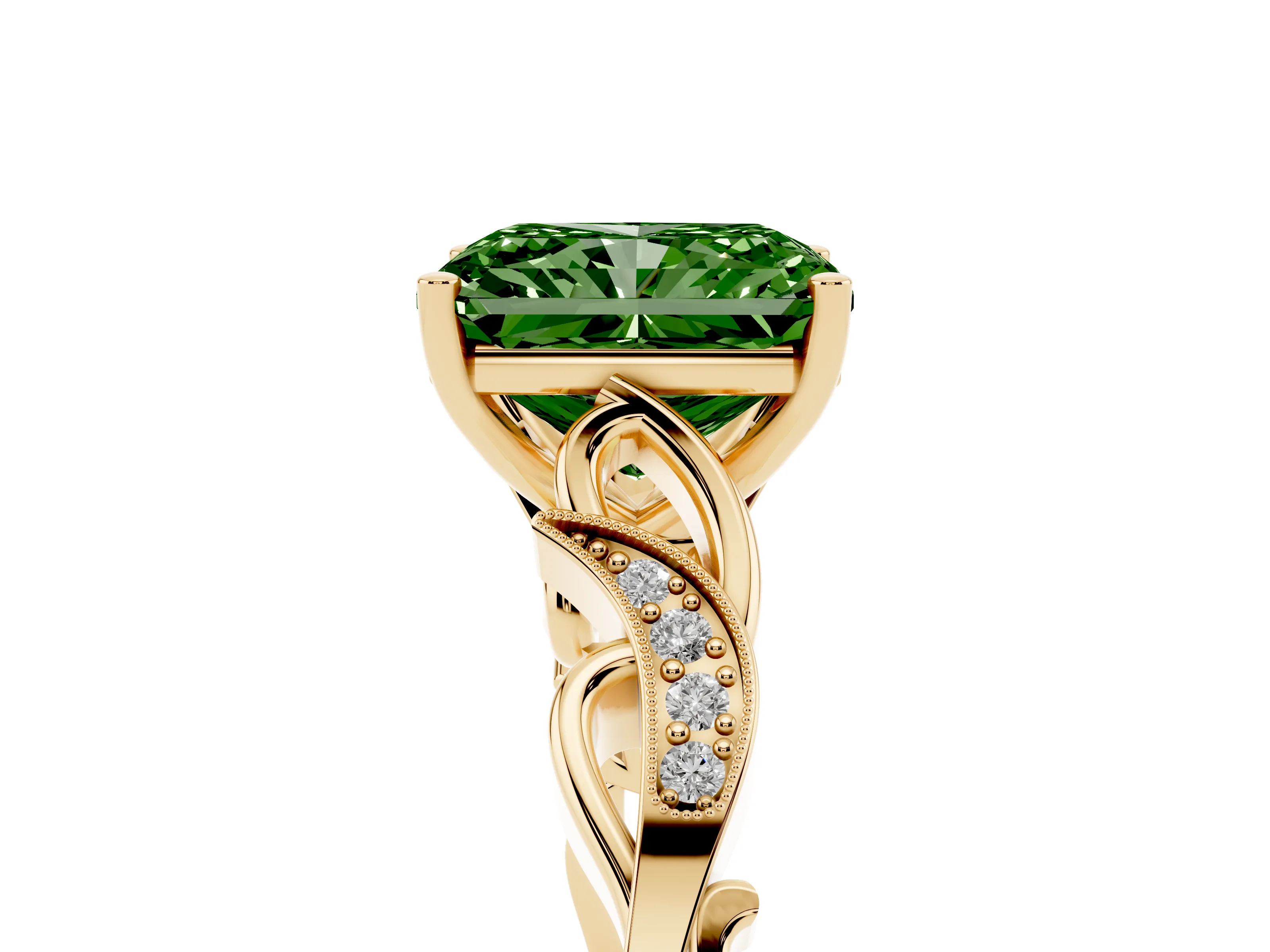 Fancy Green Radiant Cut Diamond Vine Band Solitaire Ring Set in Yellow gold with Milgrain Prong Setting