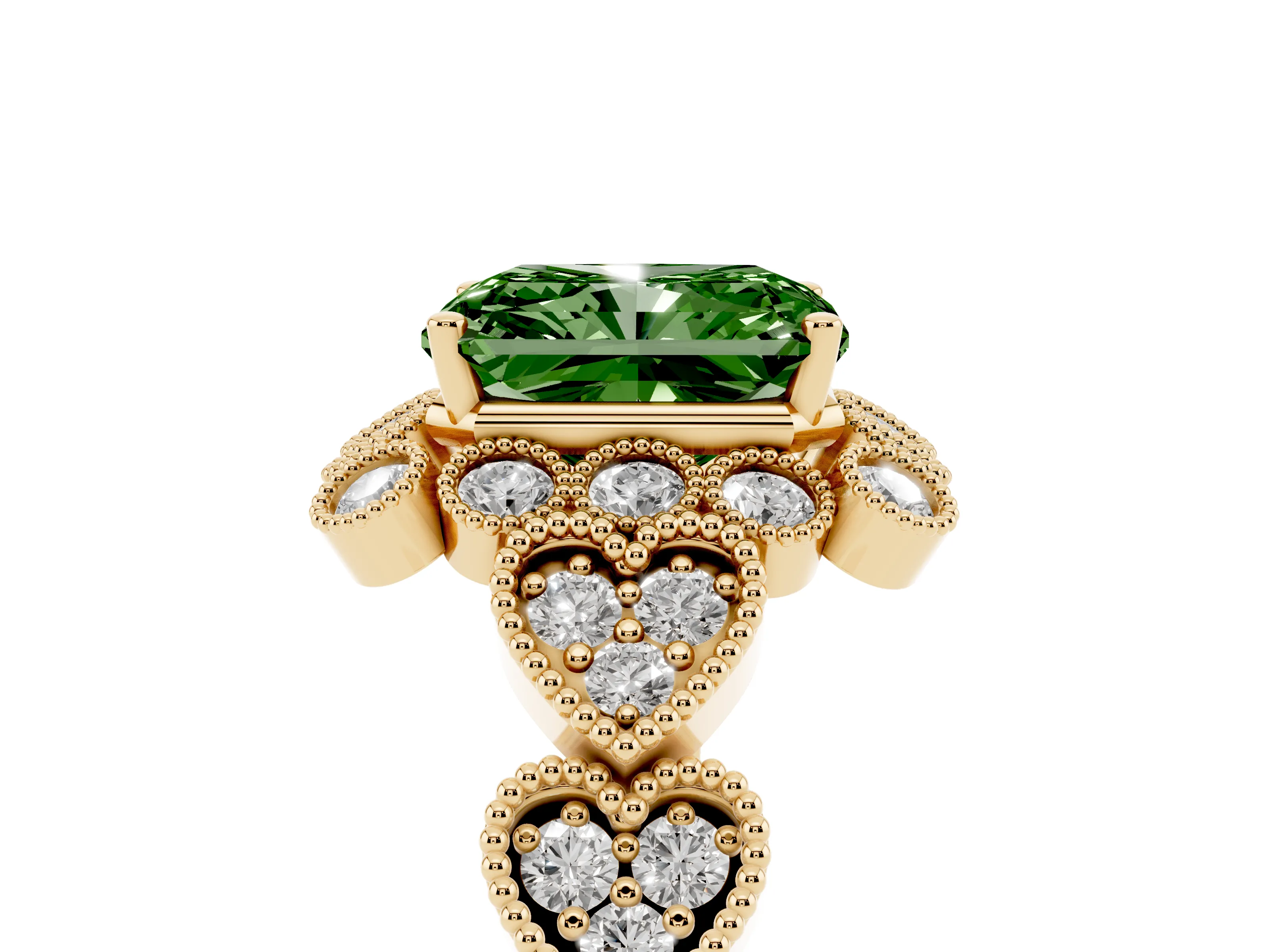 Fancy Green Radiant Cut Diamond Solitaire Ring Set in Yellow gold with Milgrain Pavé Heart Band