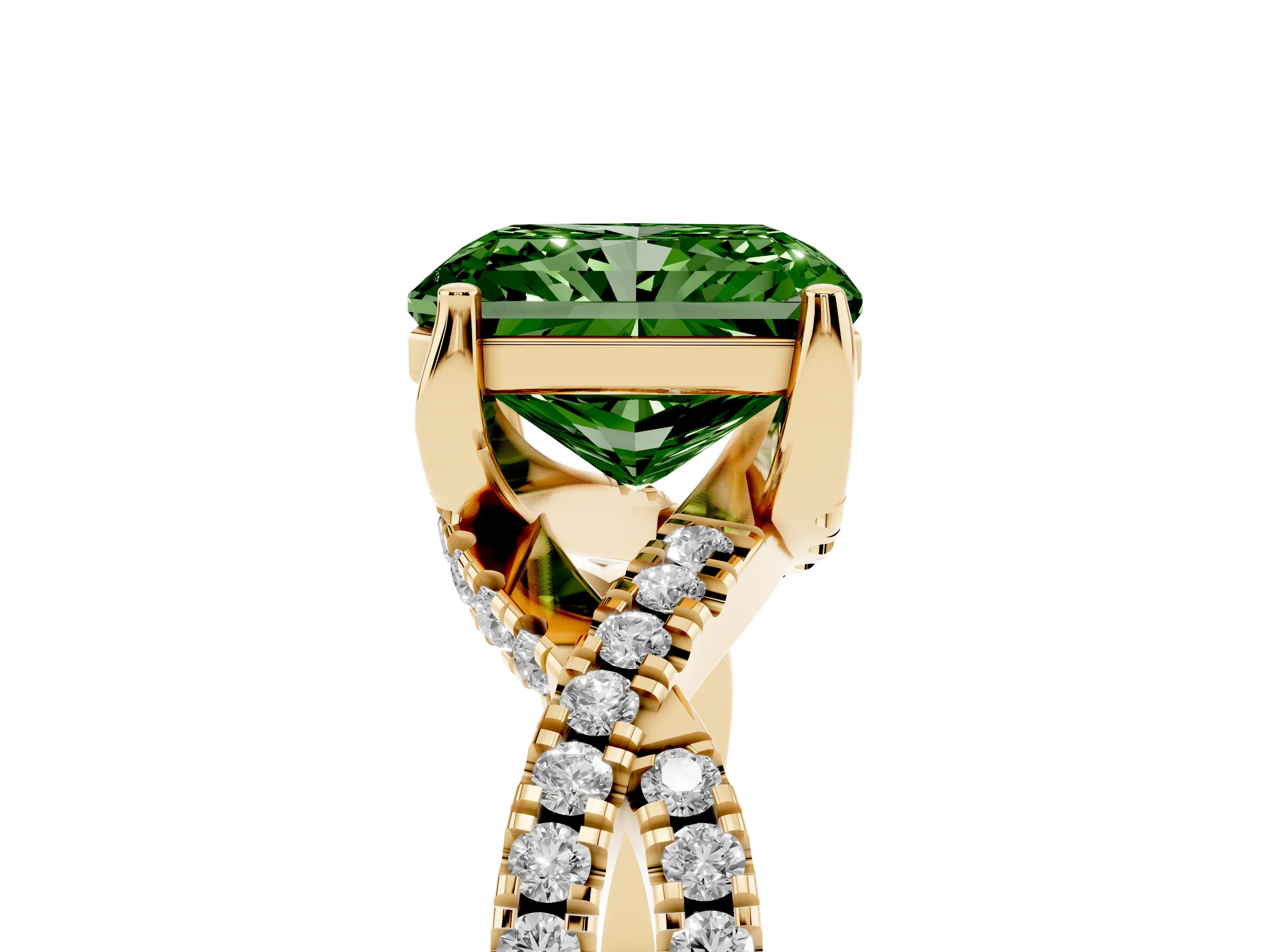 Fancy Green Radiant Cut Diamond Twist Pavé Solitaire Engagement Ring Set in Yellow gold with Prong Setting
