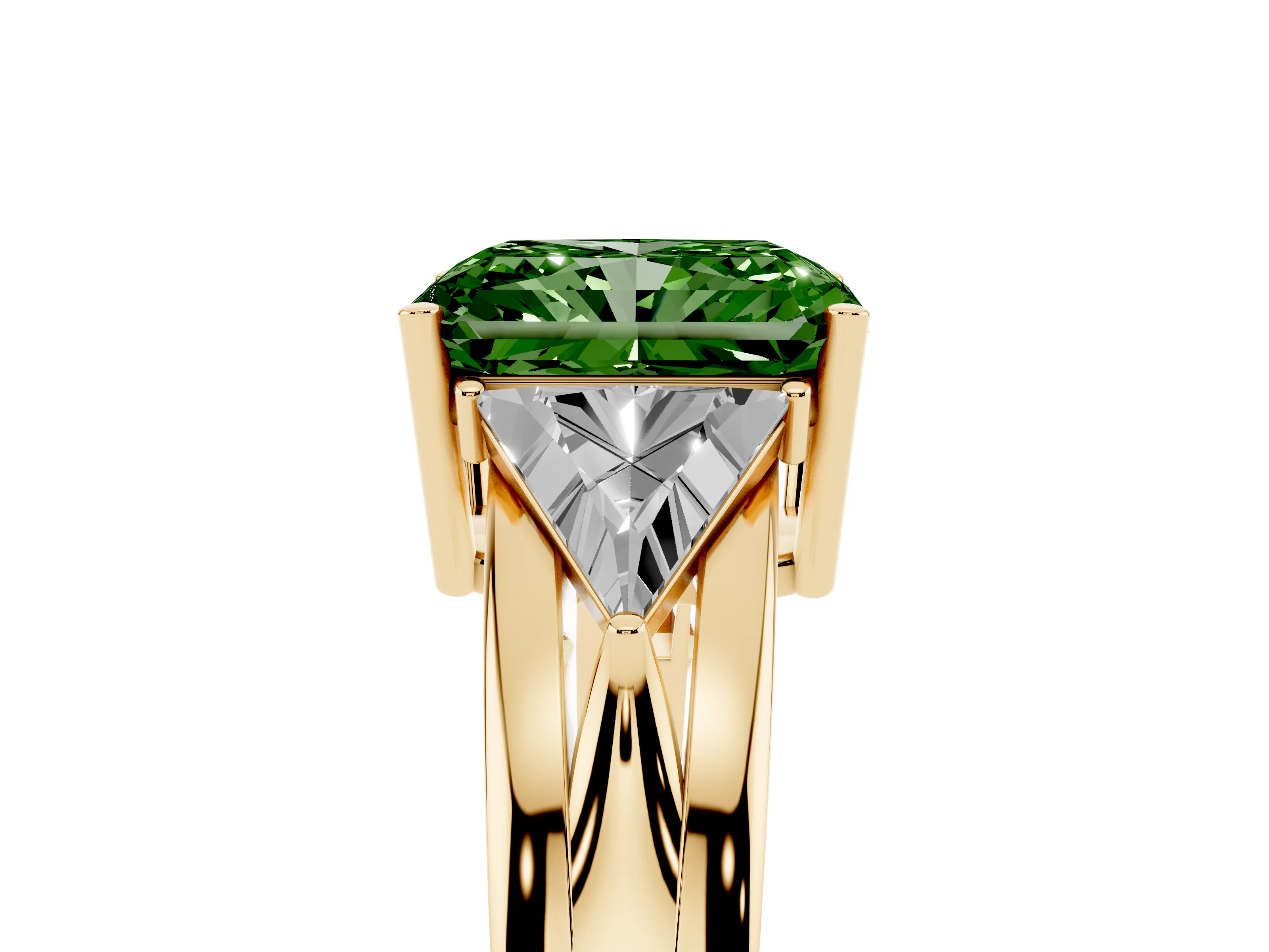 Fancy Green Radiant Cut Diamond Three-Stone Ring Set in Yellow gold with Trillion Side Stones and Split Shank