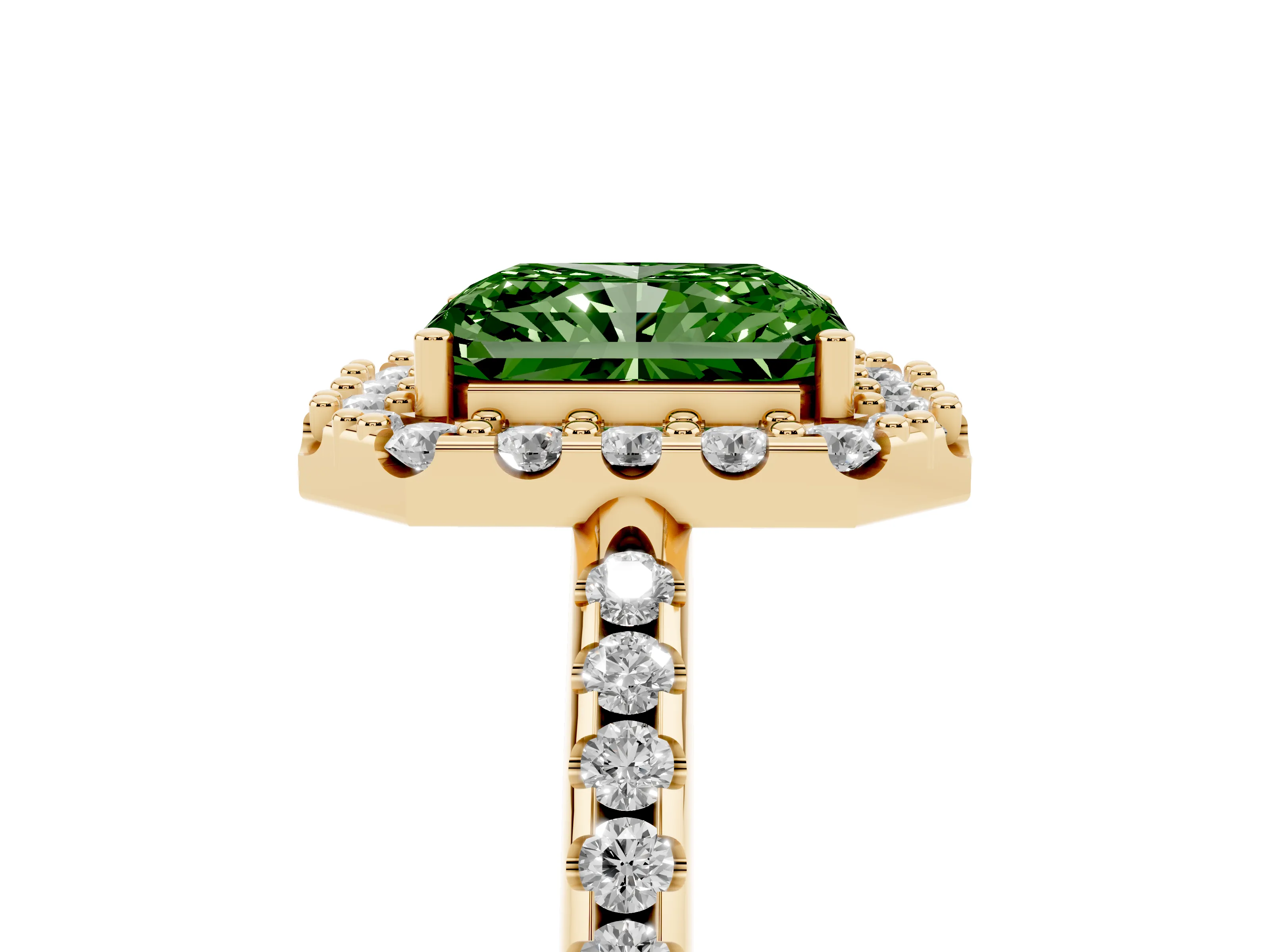 Fancy Green Radiant Cut Diamond Pavé Halo Ring Set in Yellow gold with Prong Setting