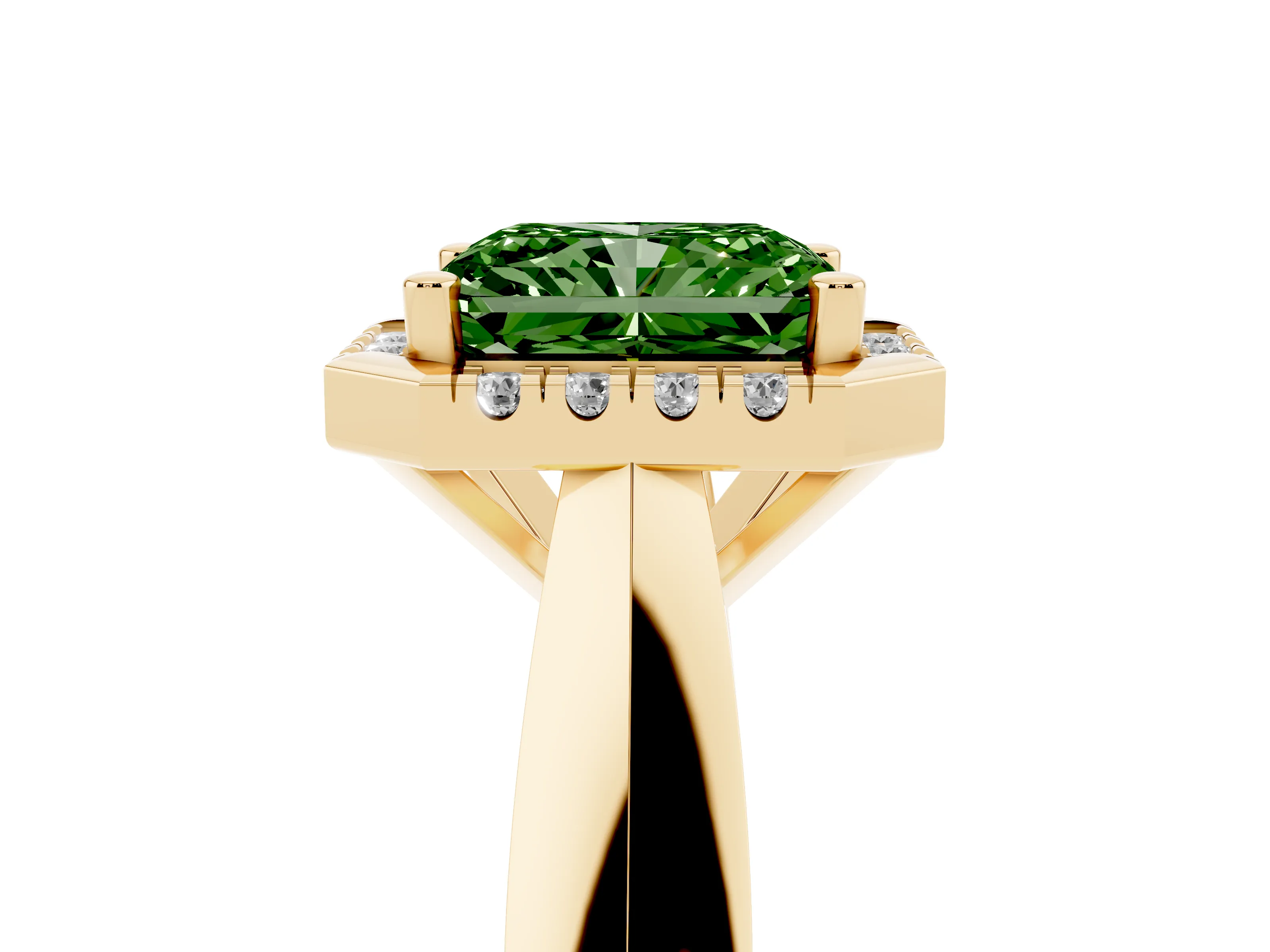 Fancy Green Radiant Cut Diamond Halo Solitaire Engagement Ring Set in Yellow gold with Square Band and Prong Setting