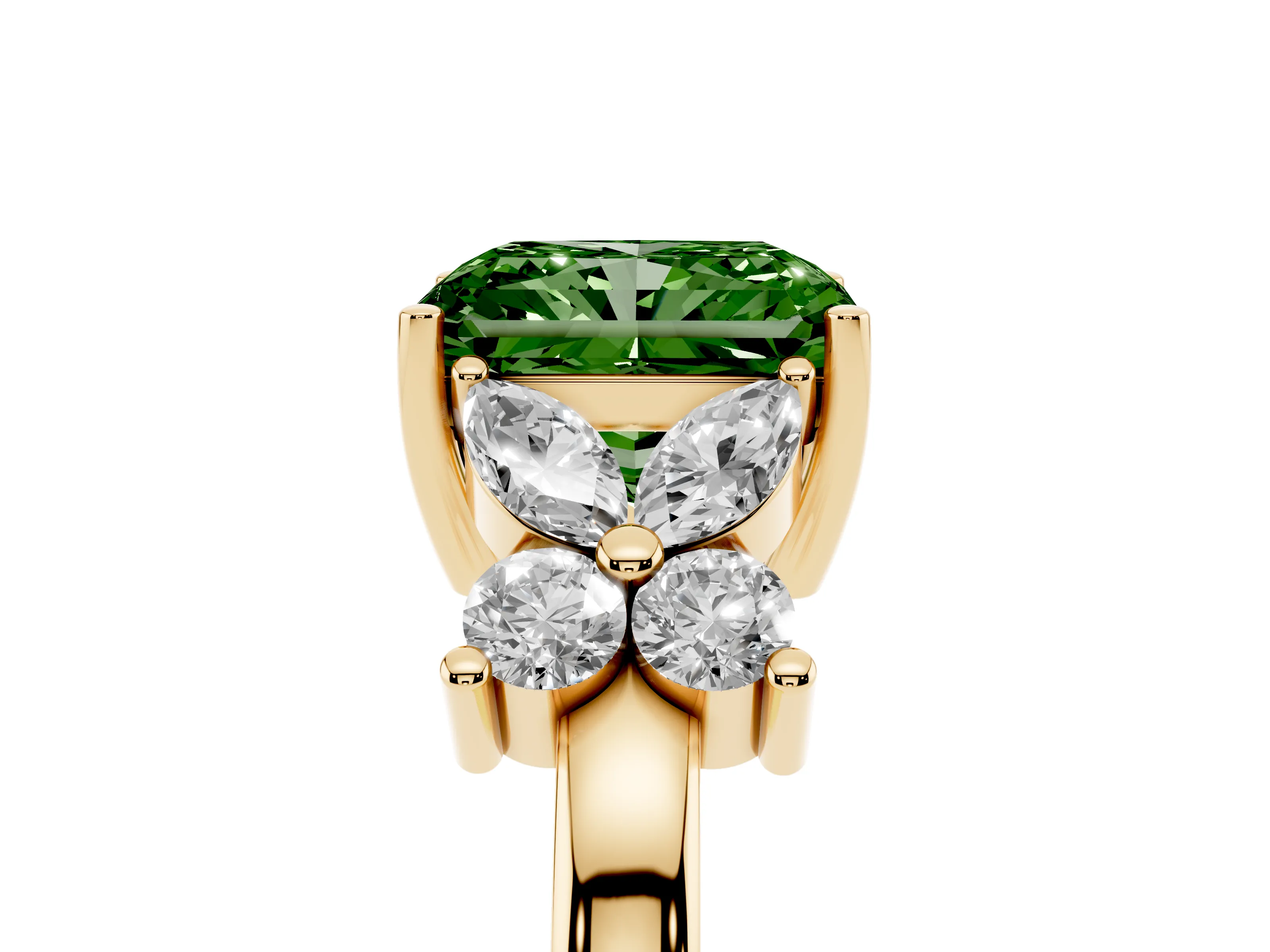 Fancy Green Radiant Cut Diamond Floral Cluster Ring Set in Yellow gold with Marquise Petals and Prong Setting