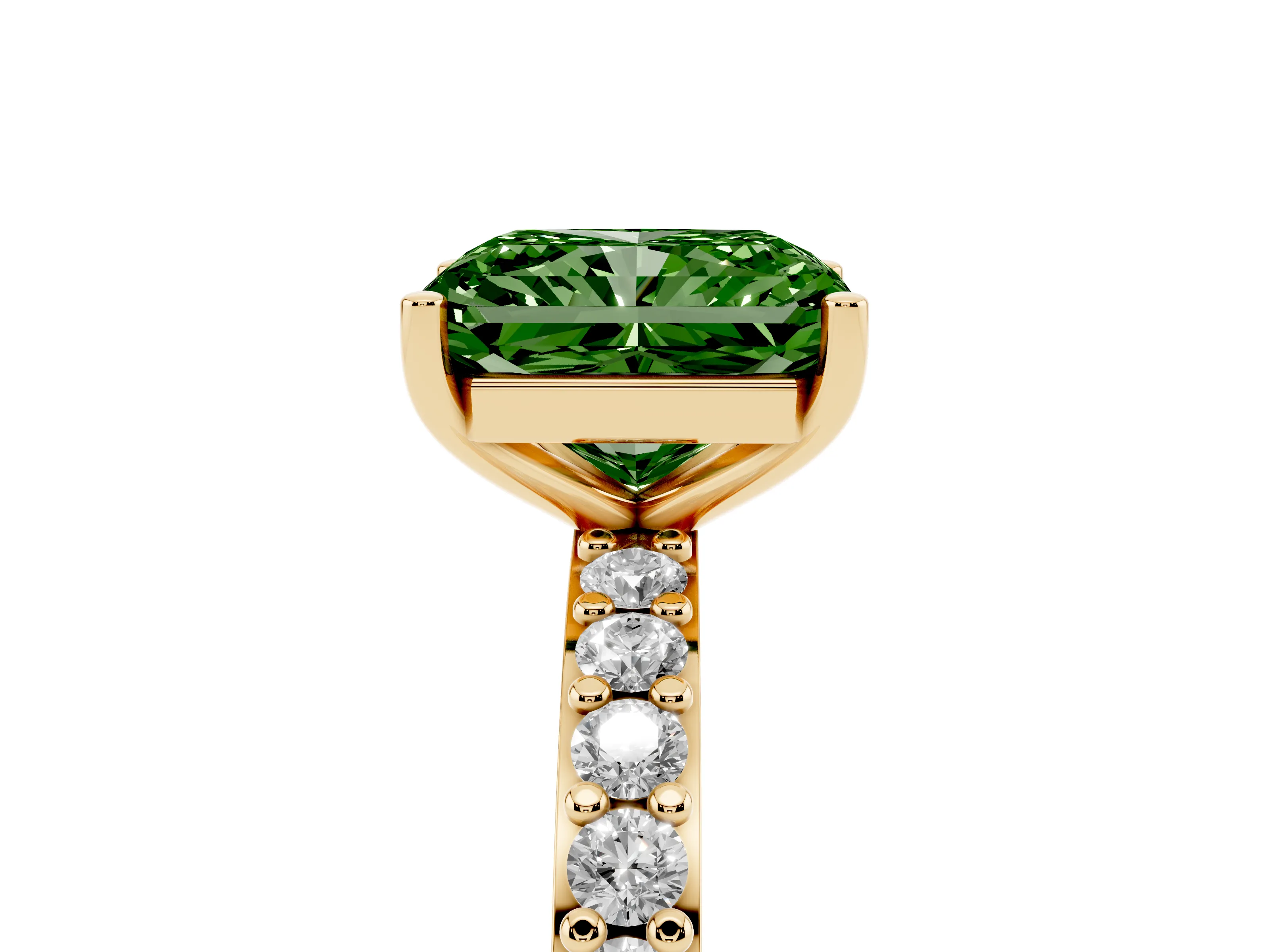 Fancy Green Radiant Cut Diamond Solitaire Set in Yellow gold with Round Pavé Band and Prong Setting