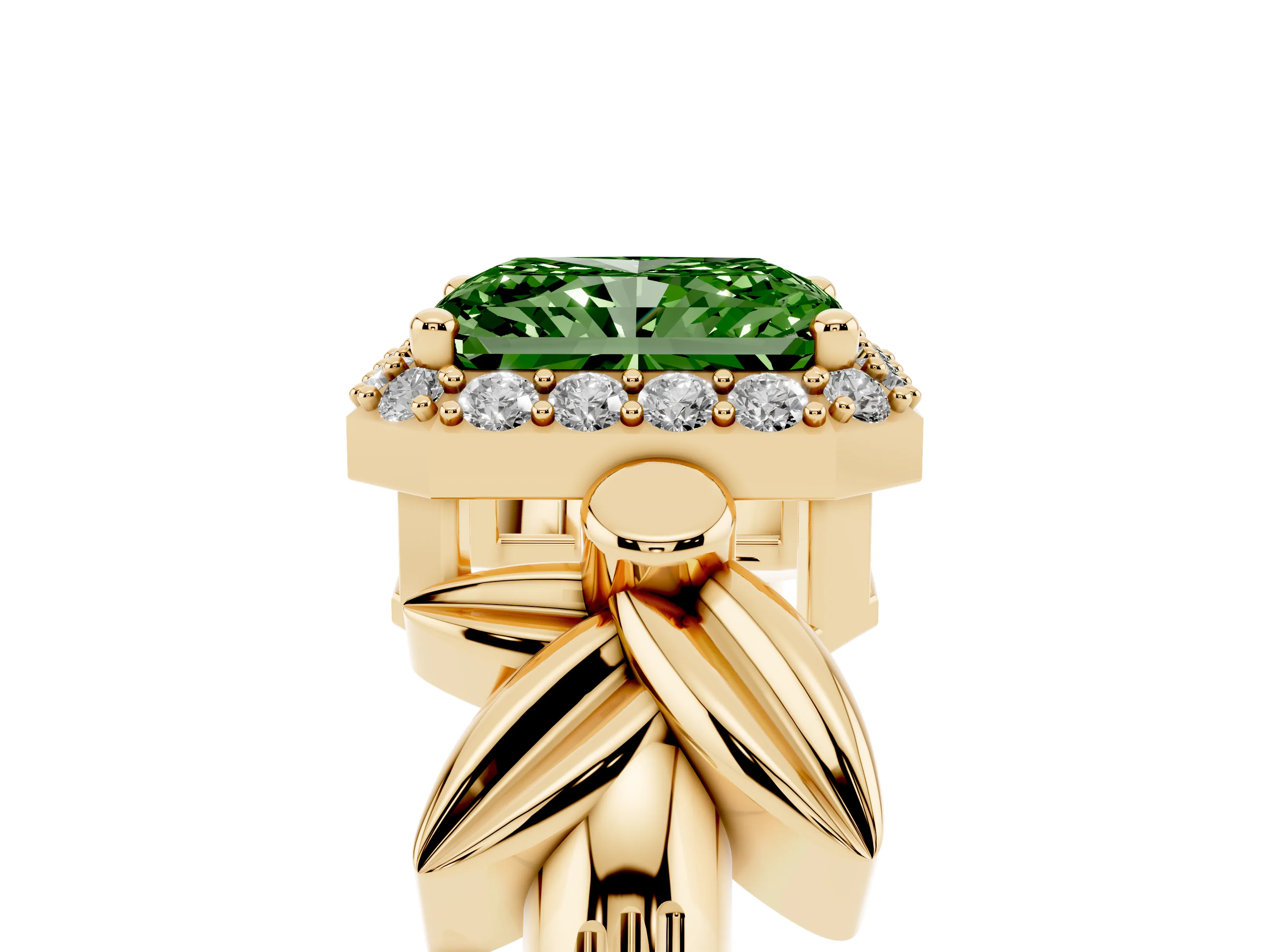 Fancy Green Radiant Cut Diamond Halo Floral Band Ring Set in Yellow gold with Prong Setting