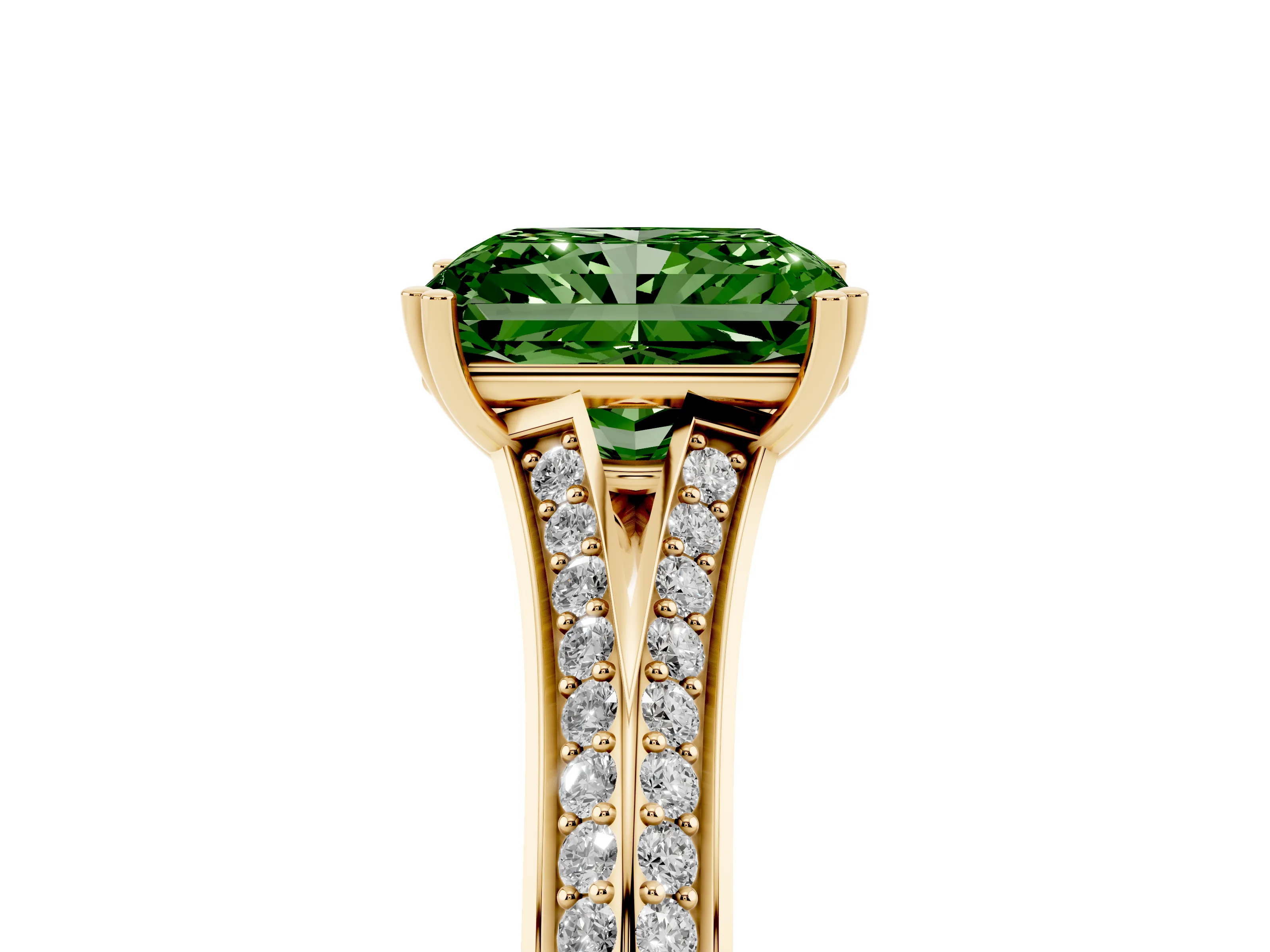 Fancy Green Radiant Cut Diamond Split Shank Pavé Engagement Ring Set in Yellow gold with Prong-Set Center Stone