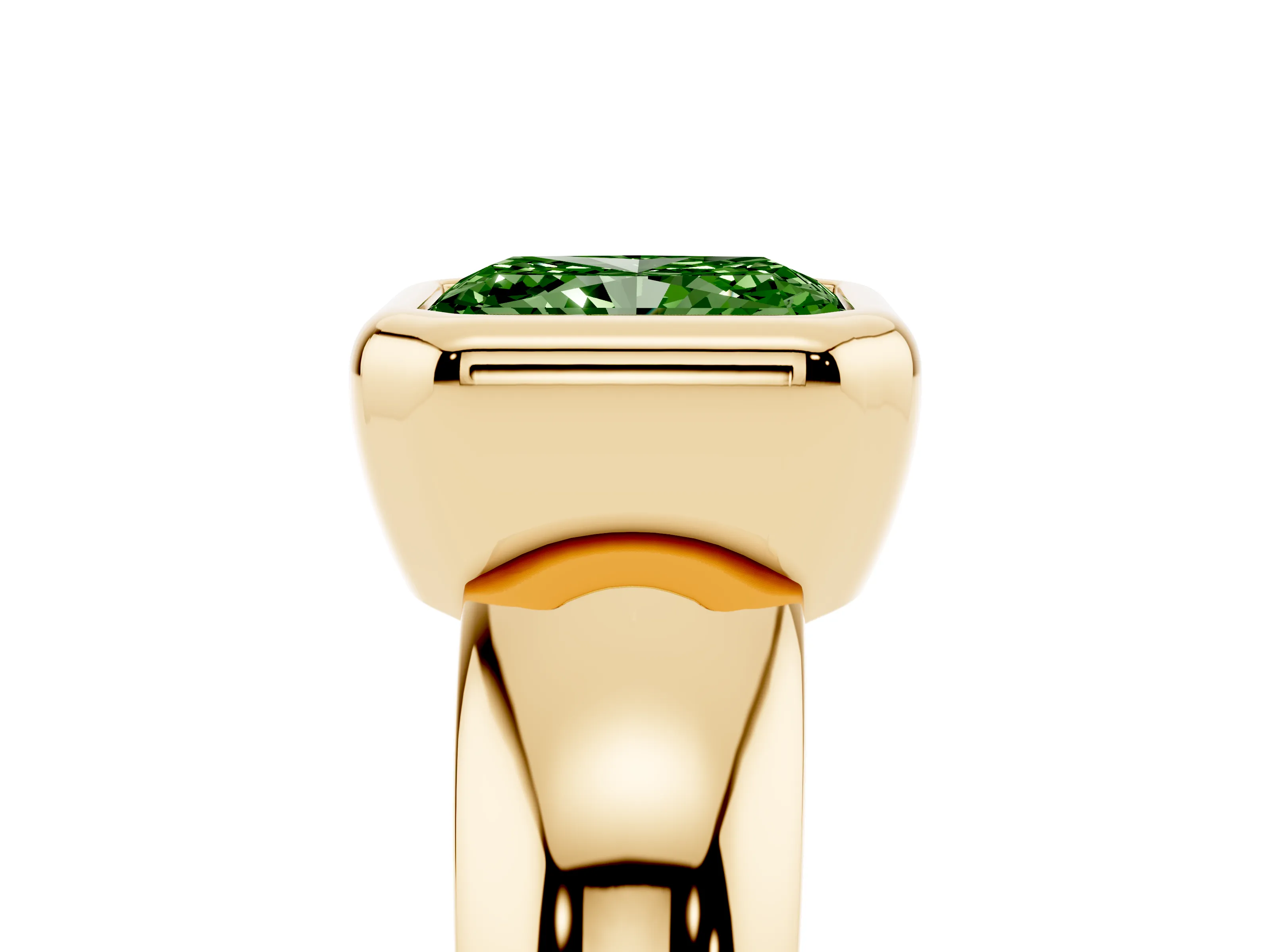 Fancy Green Bezel Set Radiant Cut Diamond Solitaire Ring Set in Yellow gold with Wide Band