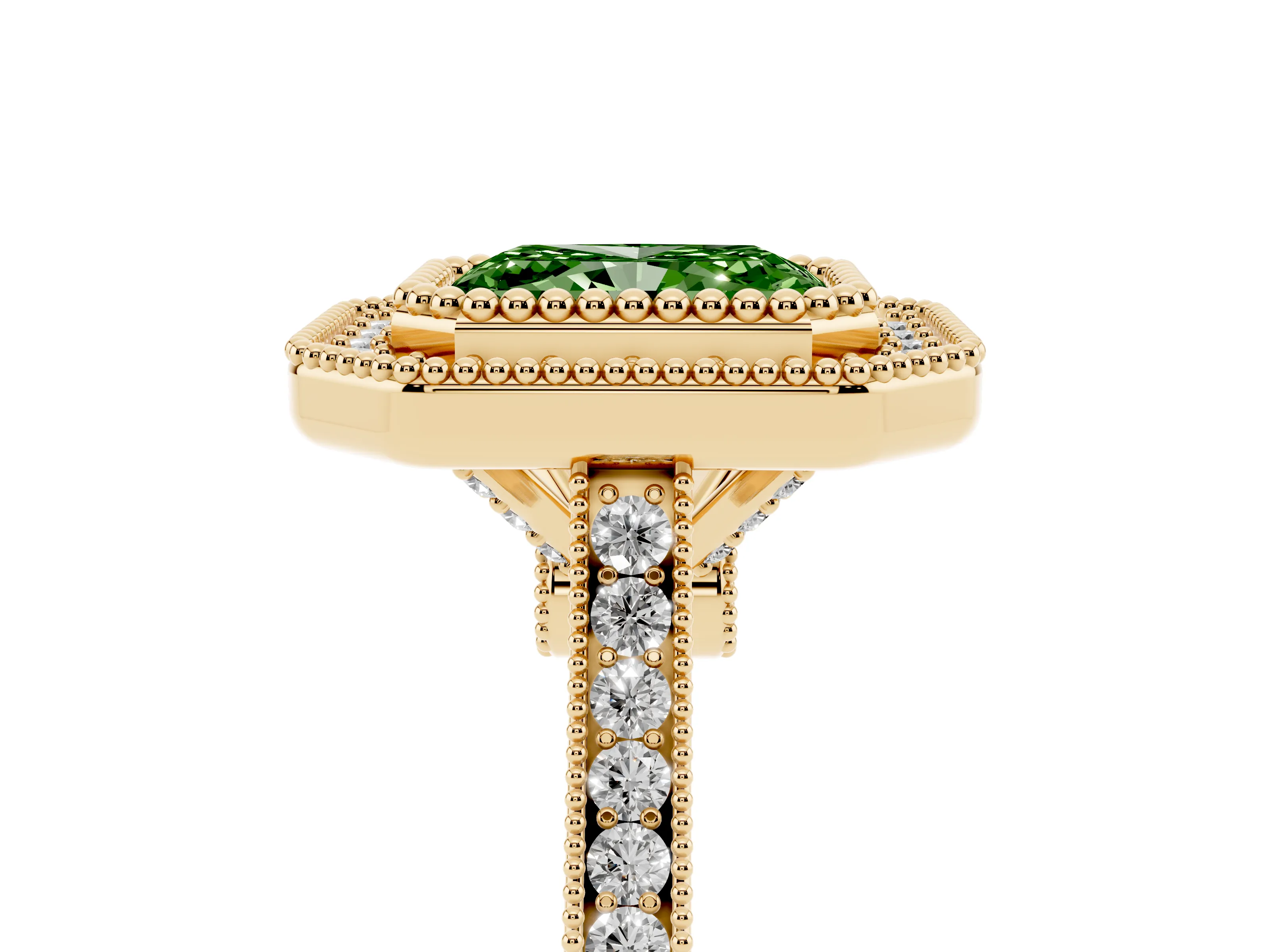 Fancy Green Radiant Cut Diamond Halo Ring Set in Yellow gold with Milgrain Frame and Pavé Band