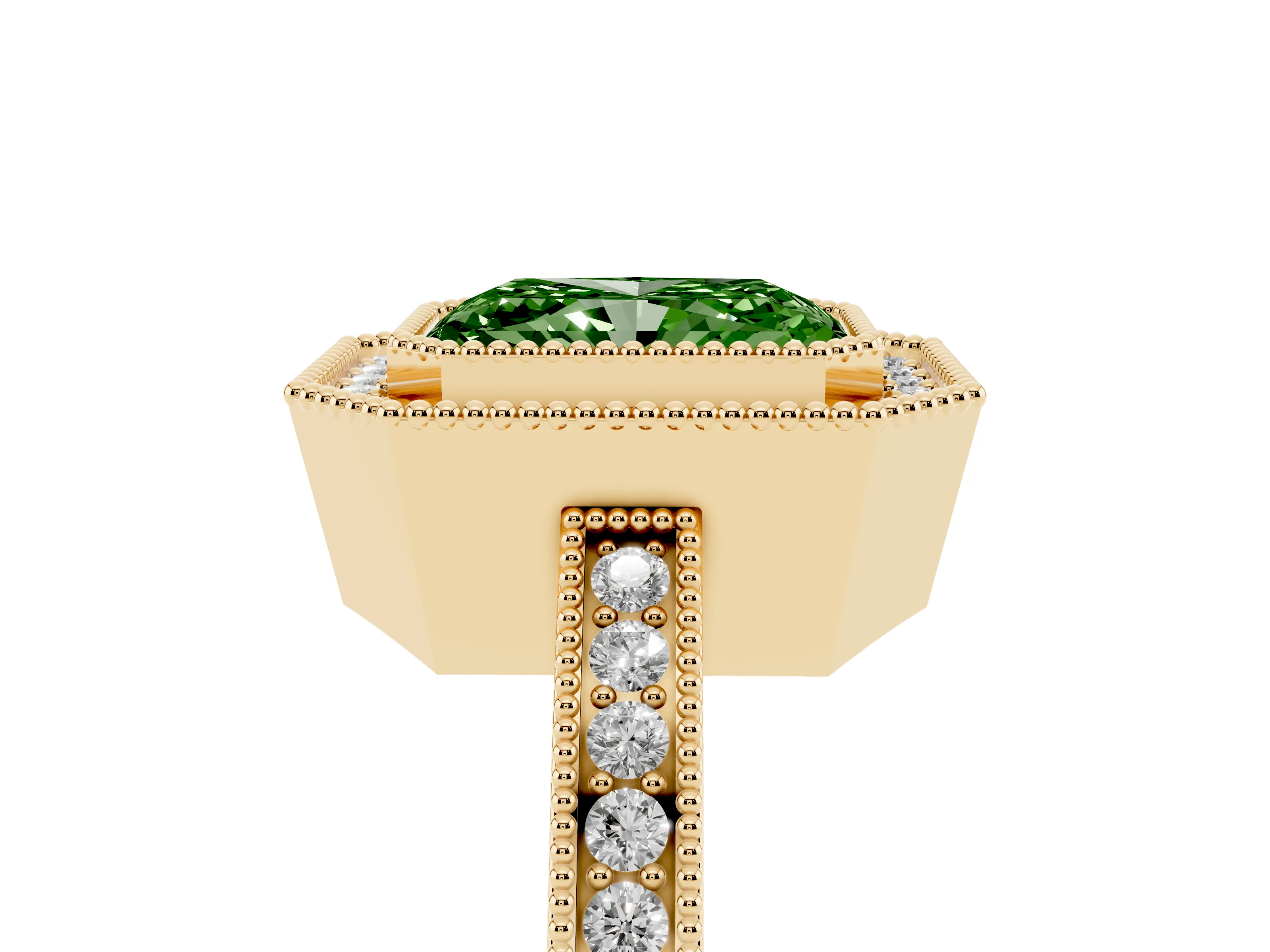 Fancy Green Radiant Cut Diamond Halo Ring Set in Yellow gold with Pavé Band and Milgrain-Edged Prongs