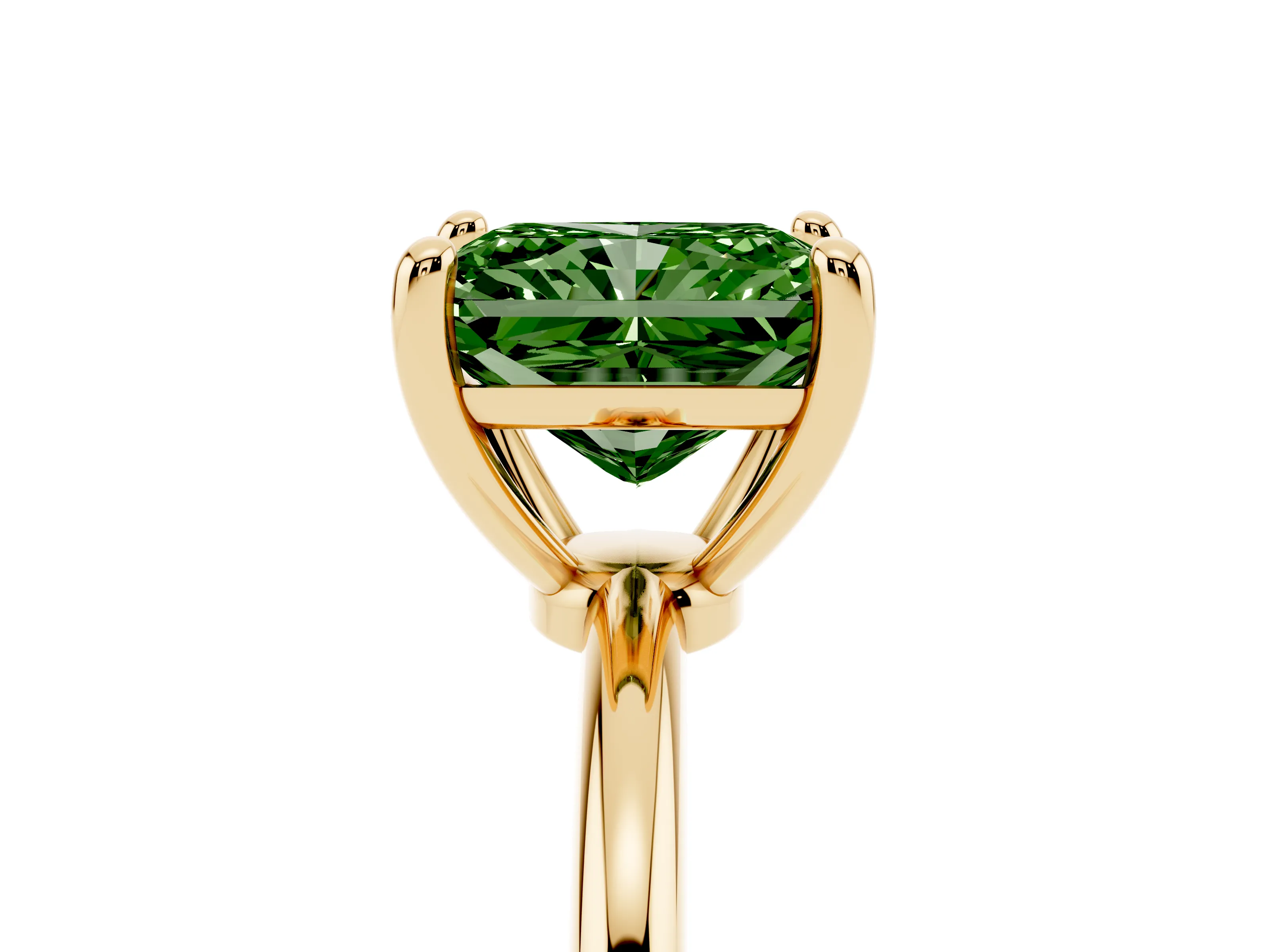 Fancy Green Radiant Cut Diamond Solitaire Ring Set in Yellow gold with Secure Prong Setting on a Classic Band