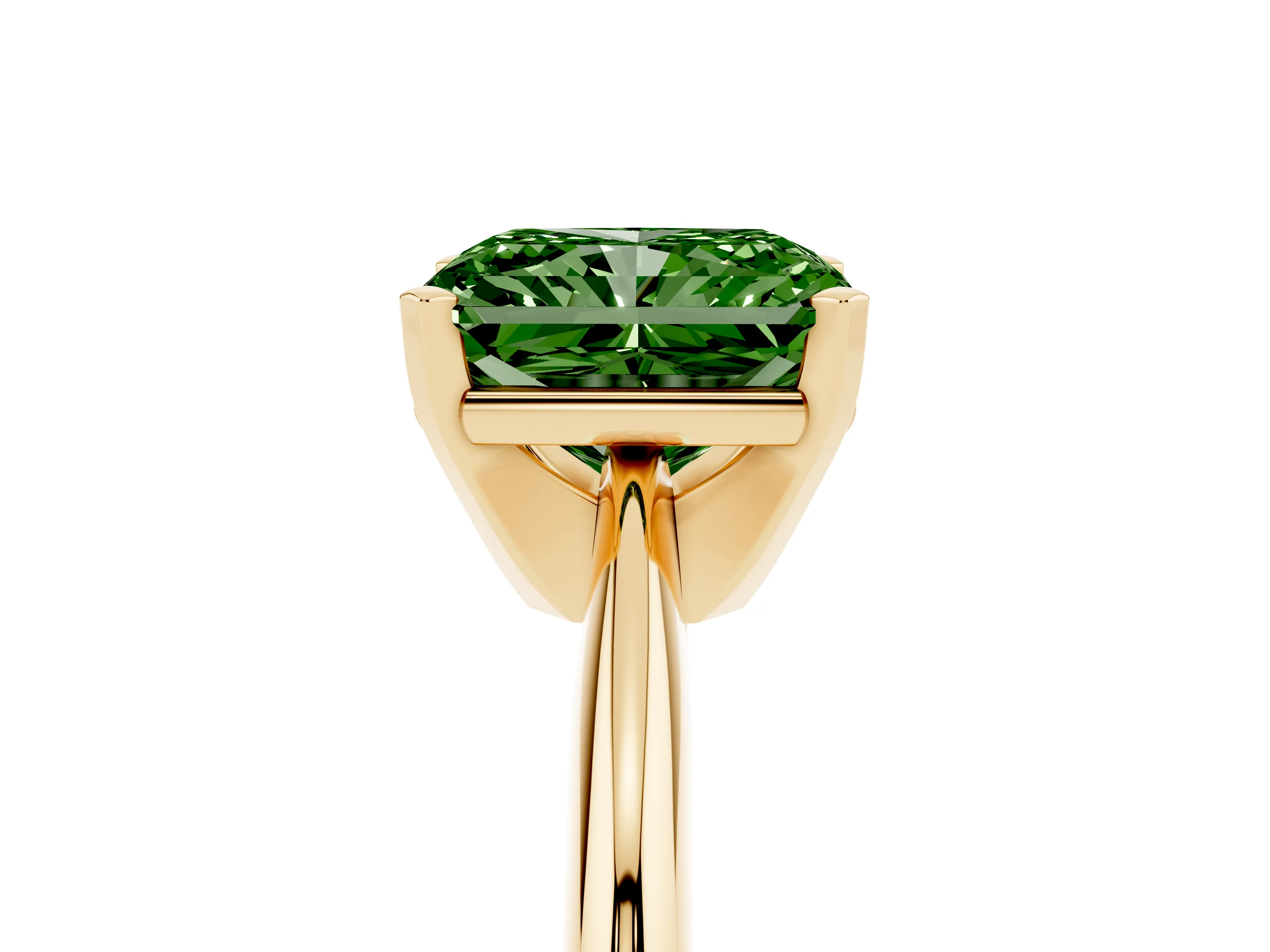 Fancy Green Radiant Cut Diamond Solitaire Ring Set in Yellow gold with Prong Setting on a Plain Round Band