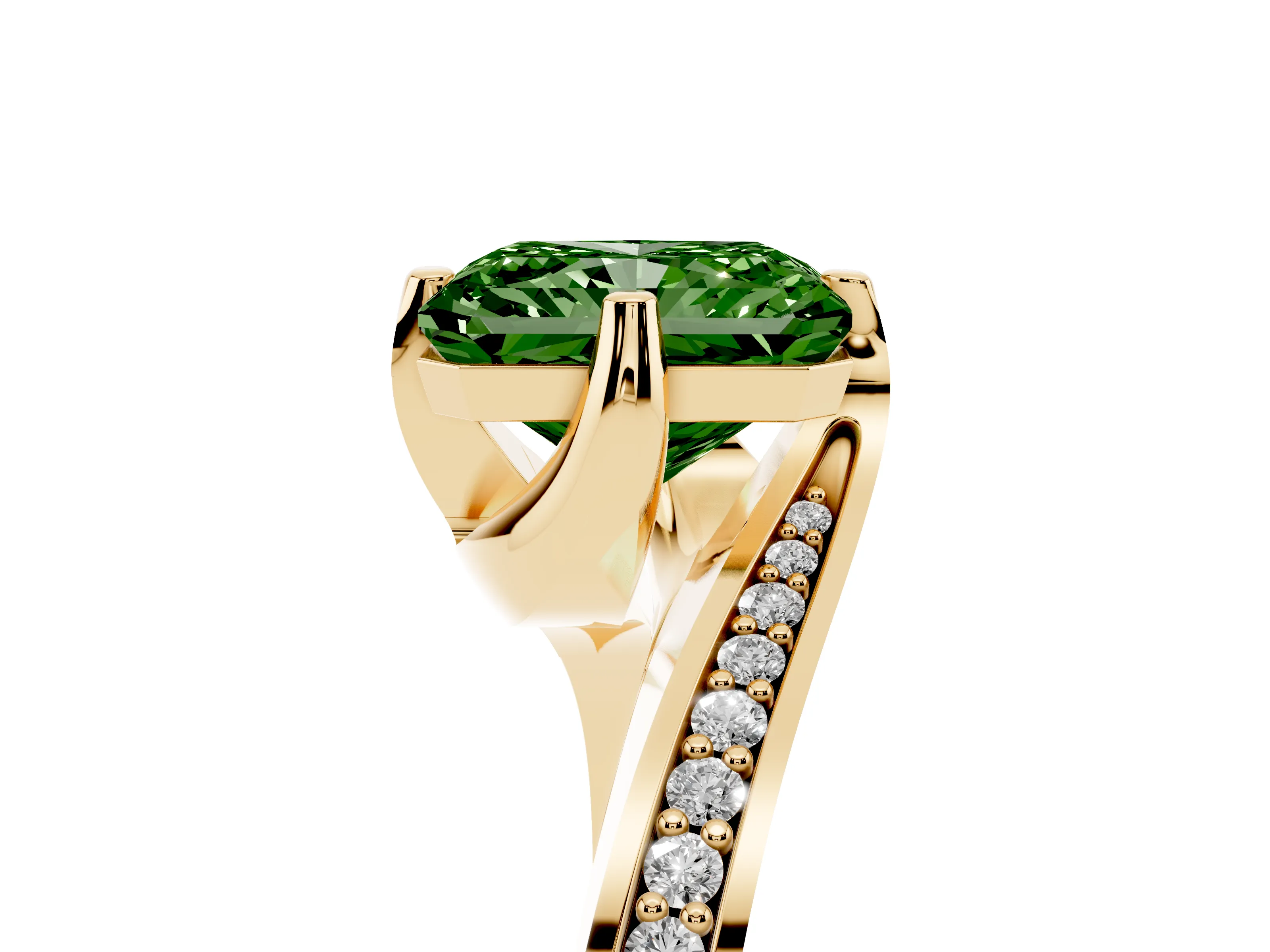 Fancy Green Radiant Cut Diamond Solitaire Ring Set in Yellow gold with Intertwined Pavé Twist Band