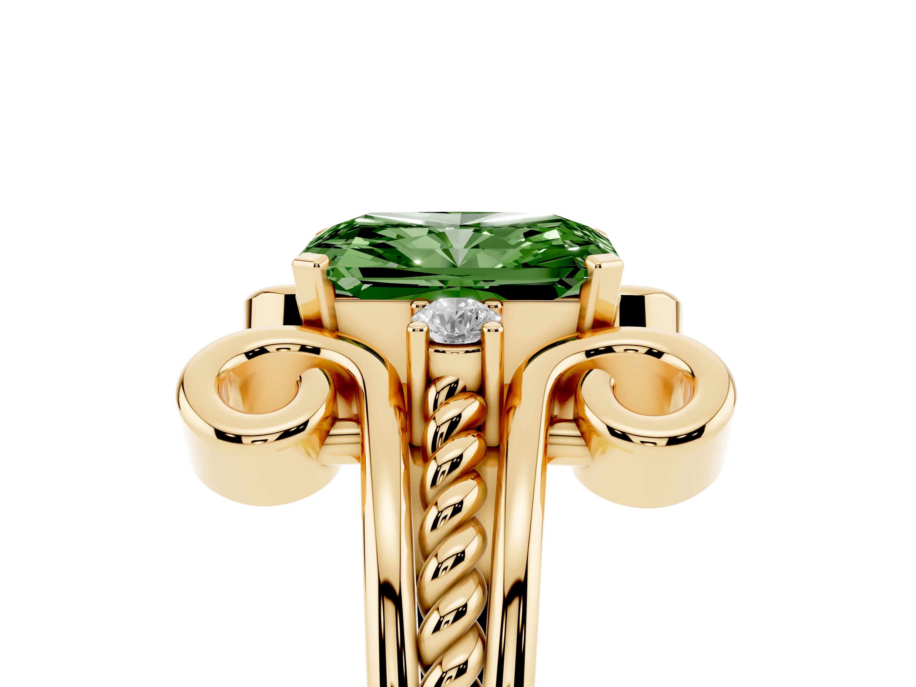 Fancy Green Radiant Cut Diamond Twisted Band Solitaire Ring Set in Yellow gold with Scroll Prongs