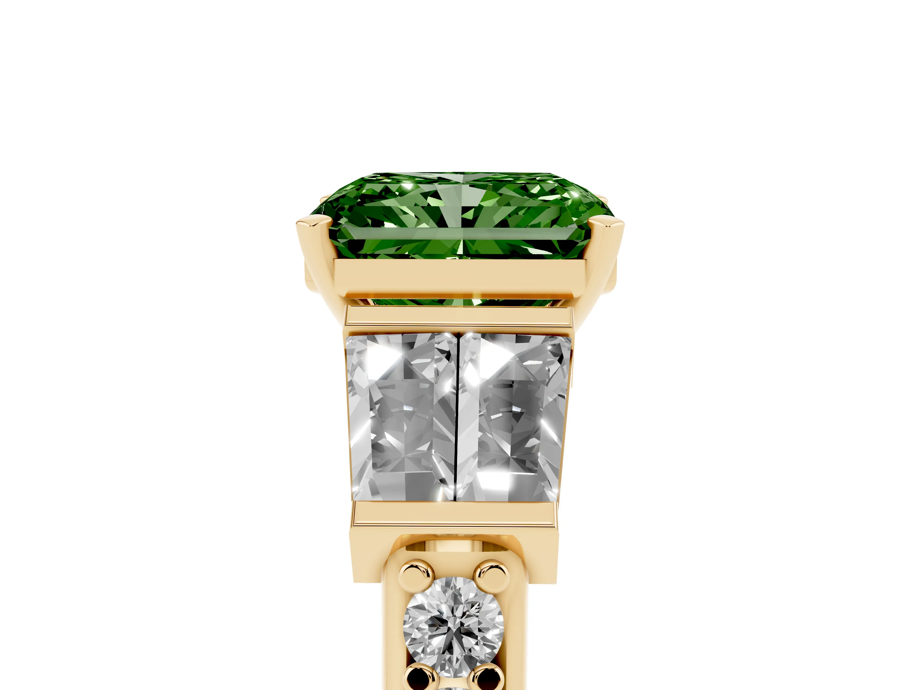 Fancy Green Radiant Cut Diamond Engagement Ring Set in Yellow gold with Baguette Side Stones and Channel Set Band