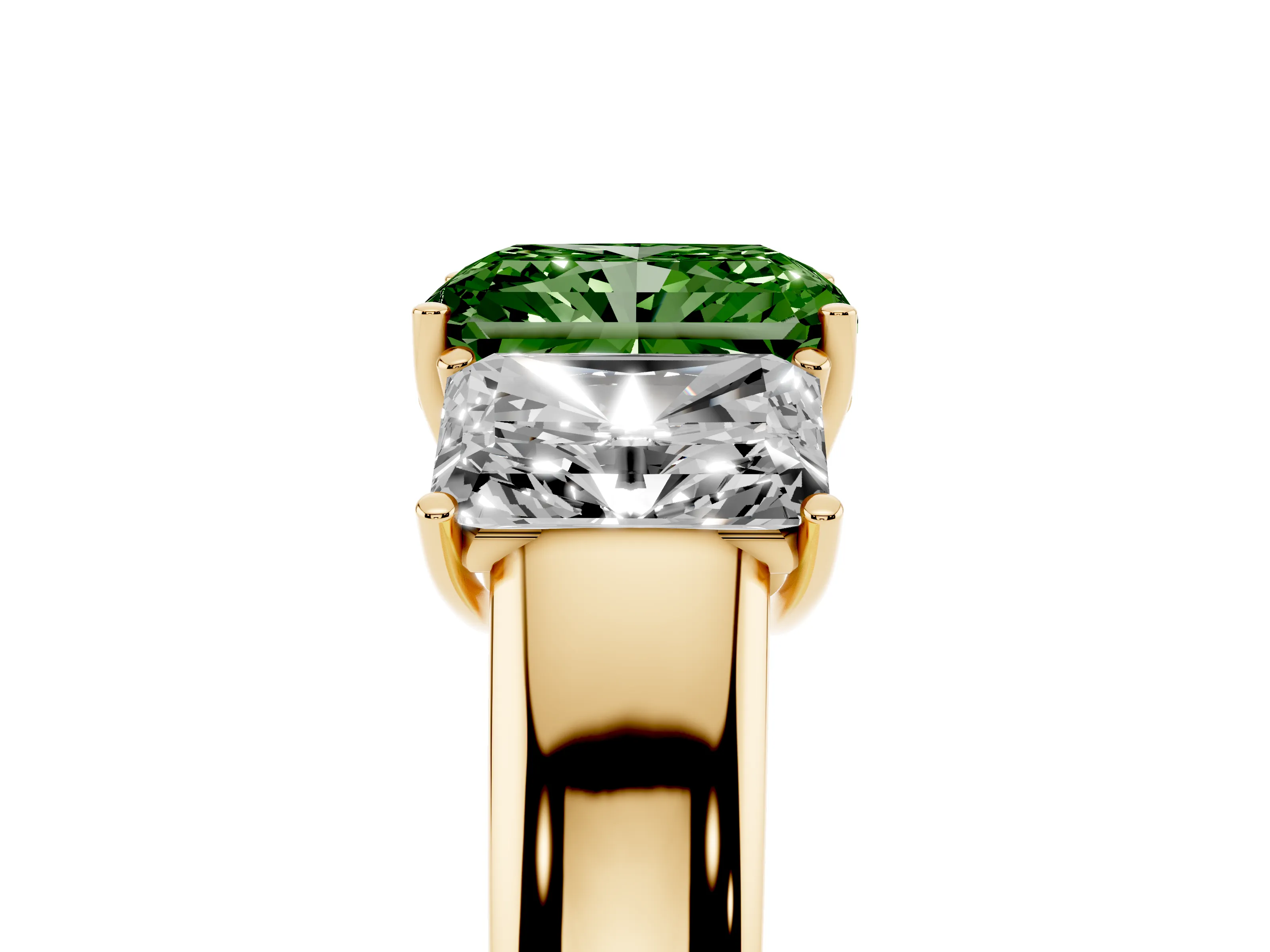 Fancy Green Three-Stone Radiant Cut Diamond Ring Set in Yellow gold with Matching Prong Settings and Plain Band