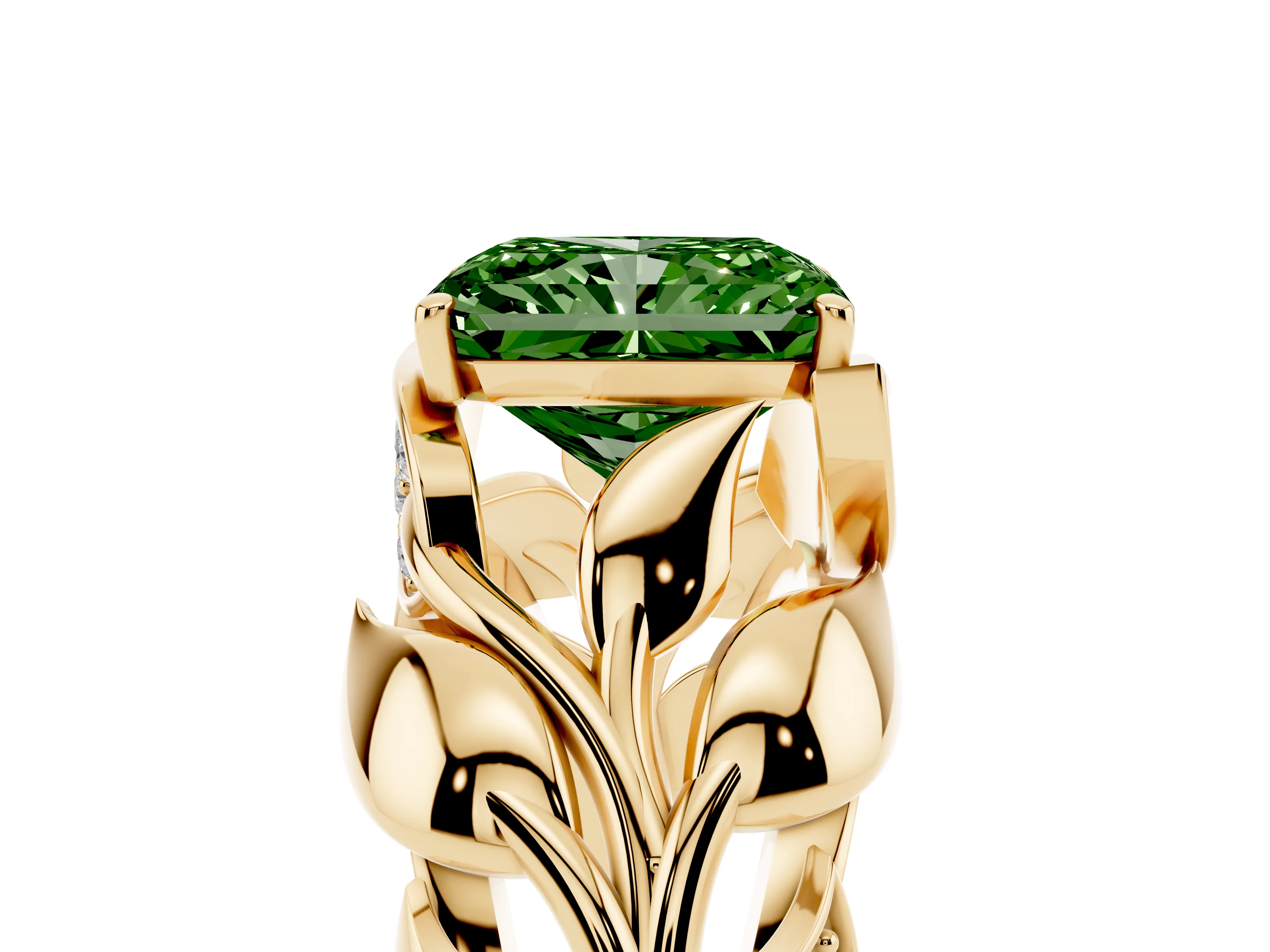 Fancy Green Radiant Cut Diamond Leaf-Inspired Engagement Ring Set in Yellow gold with Round Accents