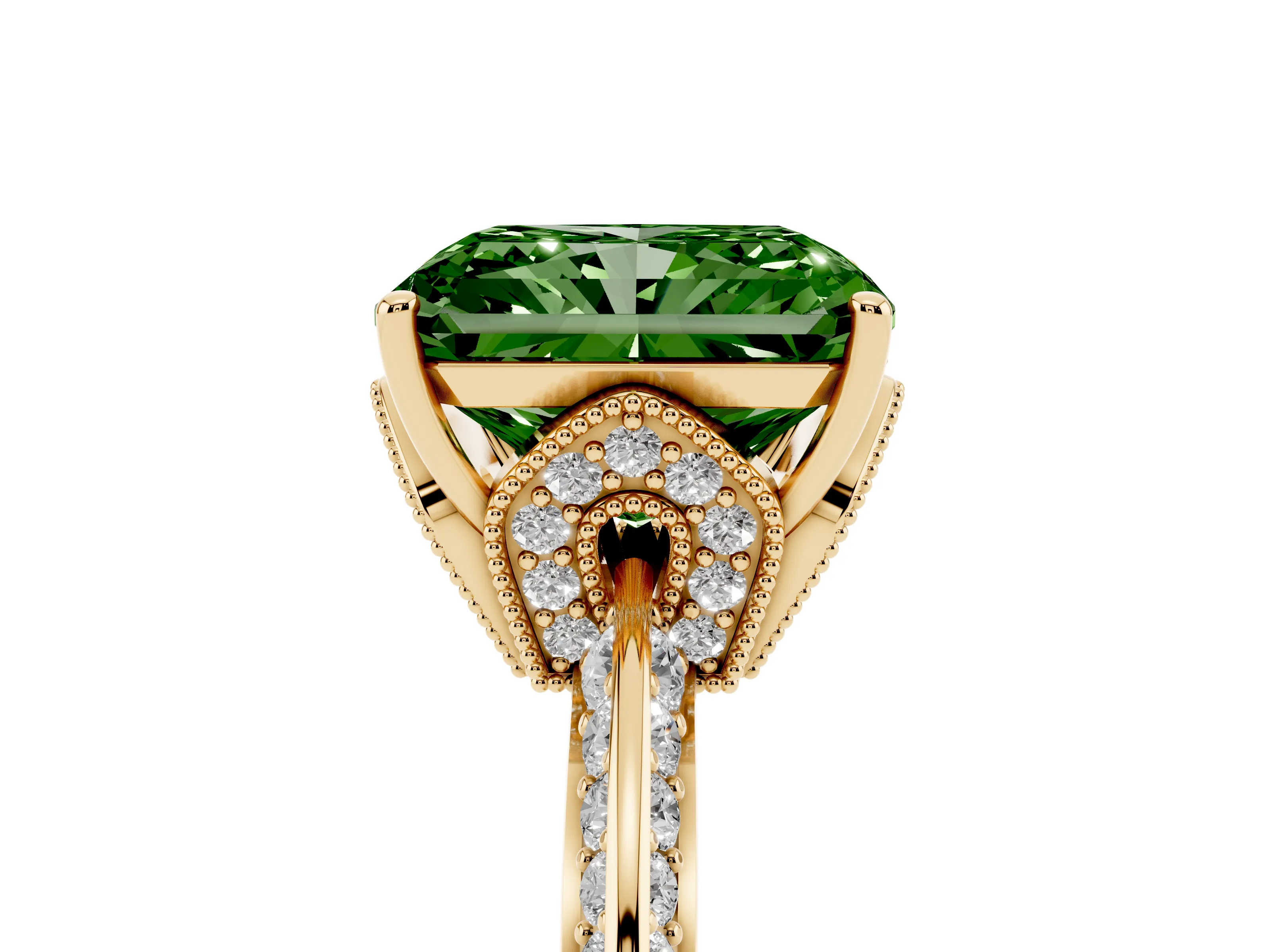 Fancy Green Radiant Cut Diamond Solitaire Engagement Ring Set in Yellow gold with Pavé Split Shank and Prong Setting