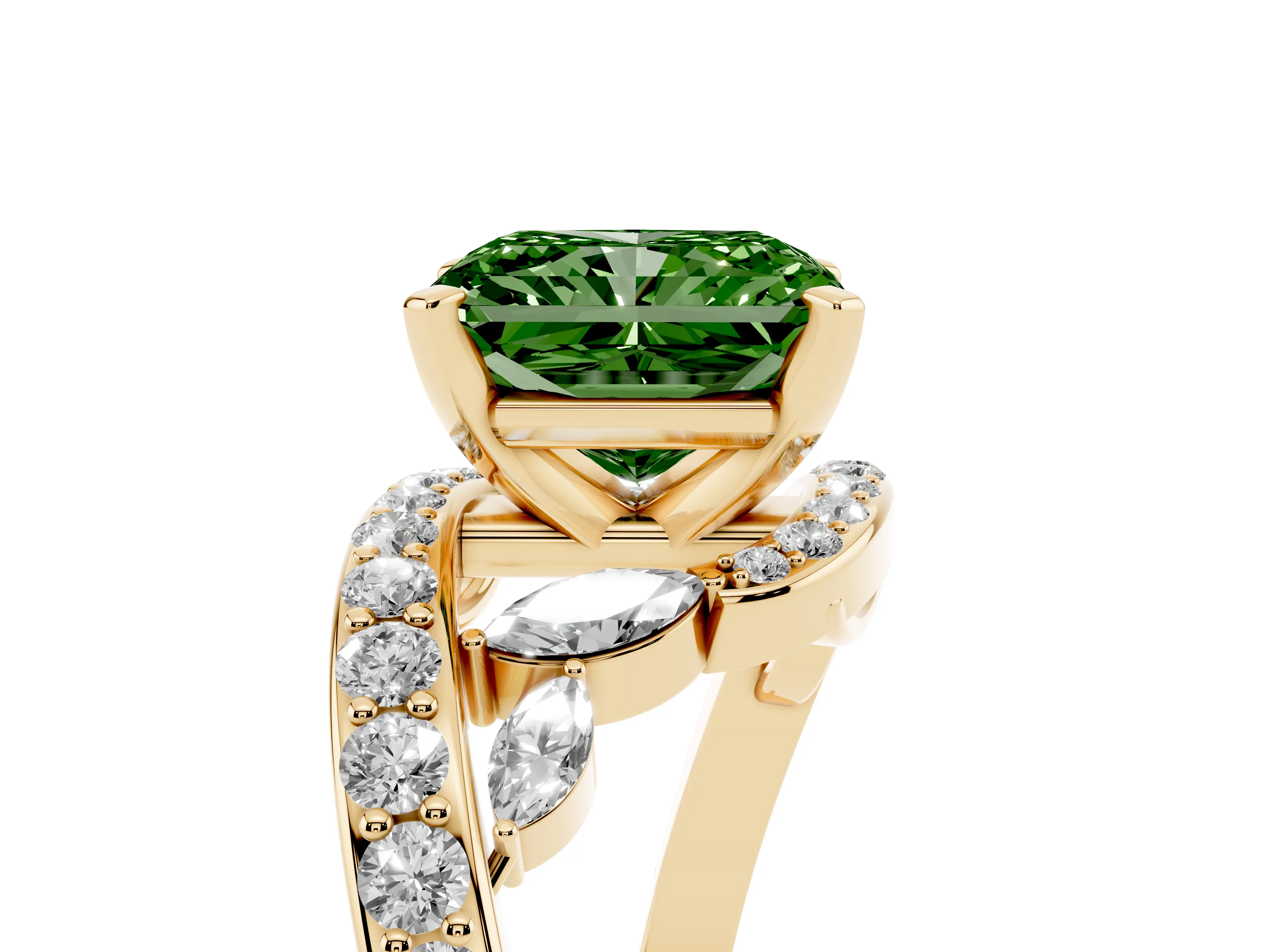 Fancy Green Radiant Cut Diamond Solitaire Ring Set in Yellow gold with Pavé Twist Band and Secure Prong Setting