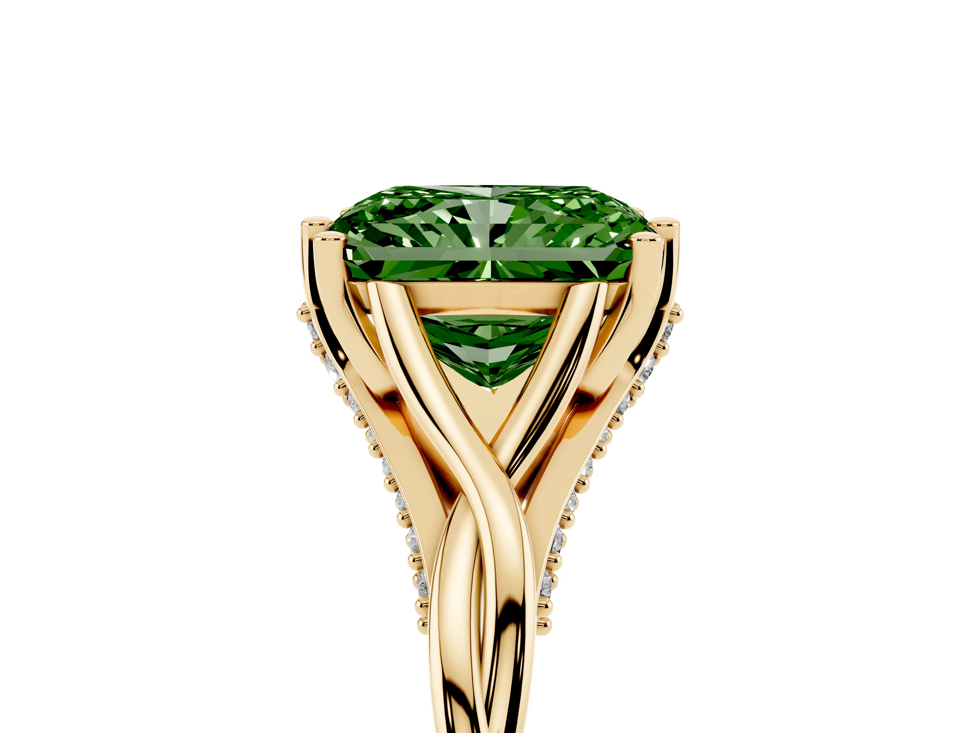 Fancy Green Radiant Cut Diamond Intertwined Twist Band Solitaire Ring Set in Yellow gold with Prong Setting