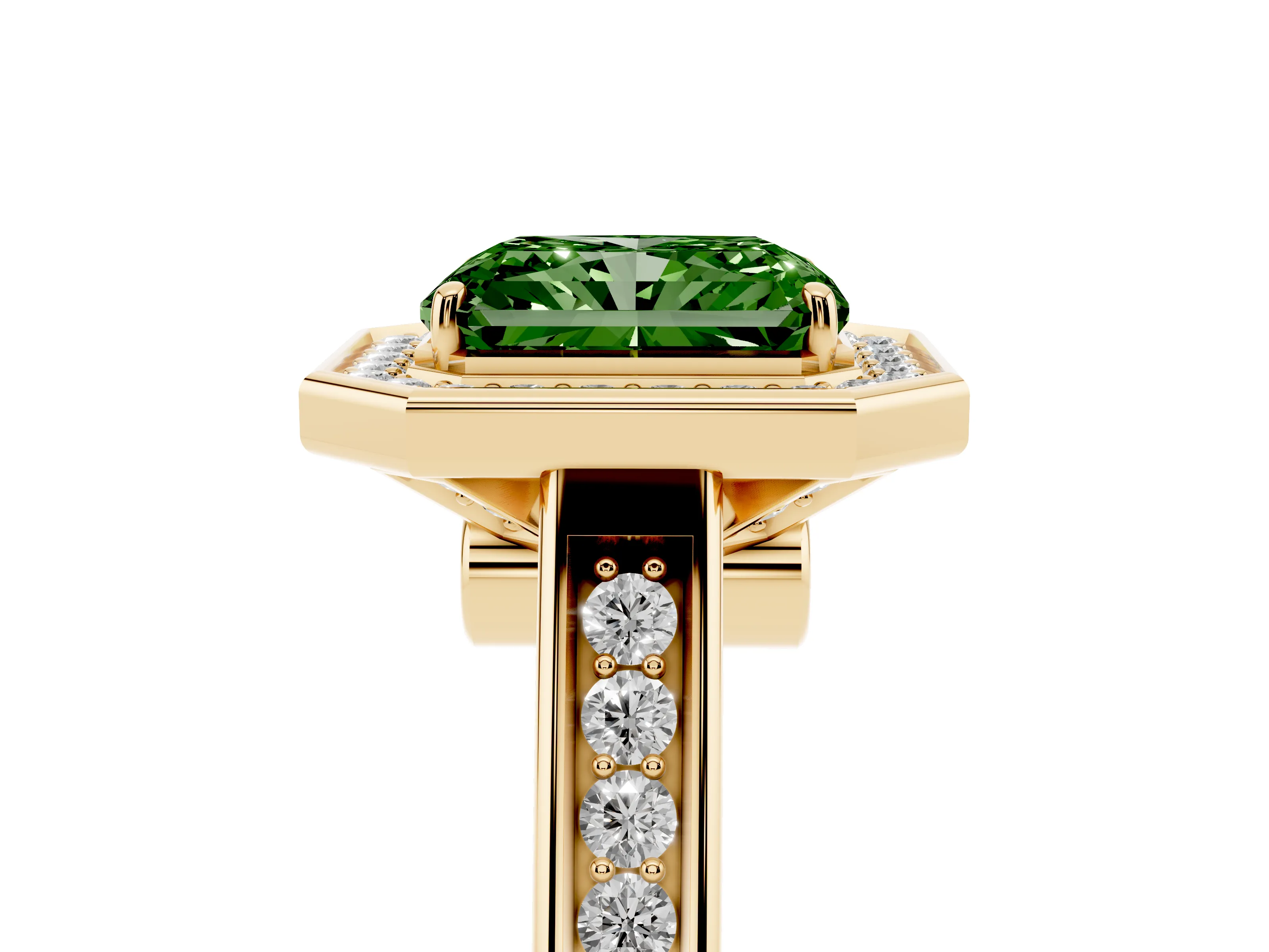 Fancy Green Radiant Cut Diamond Halo Solitaire Ring Set in Yellow gold with Pavé Band and Bezel Setting