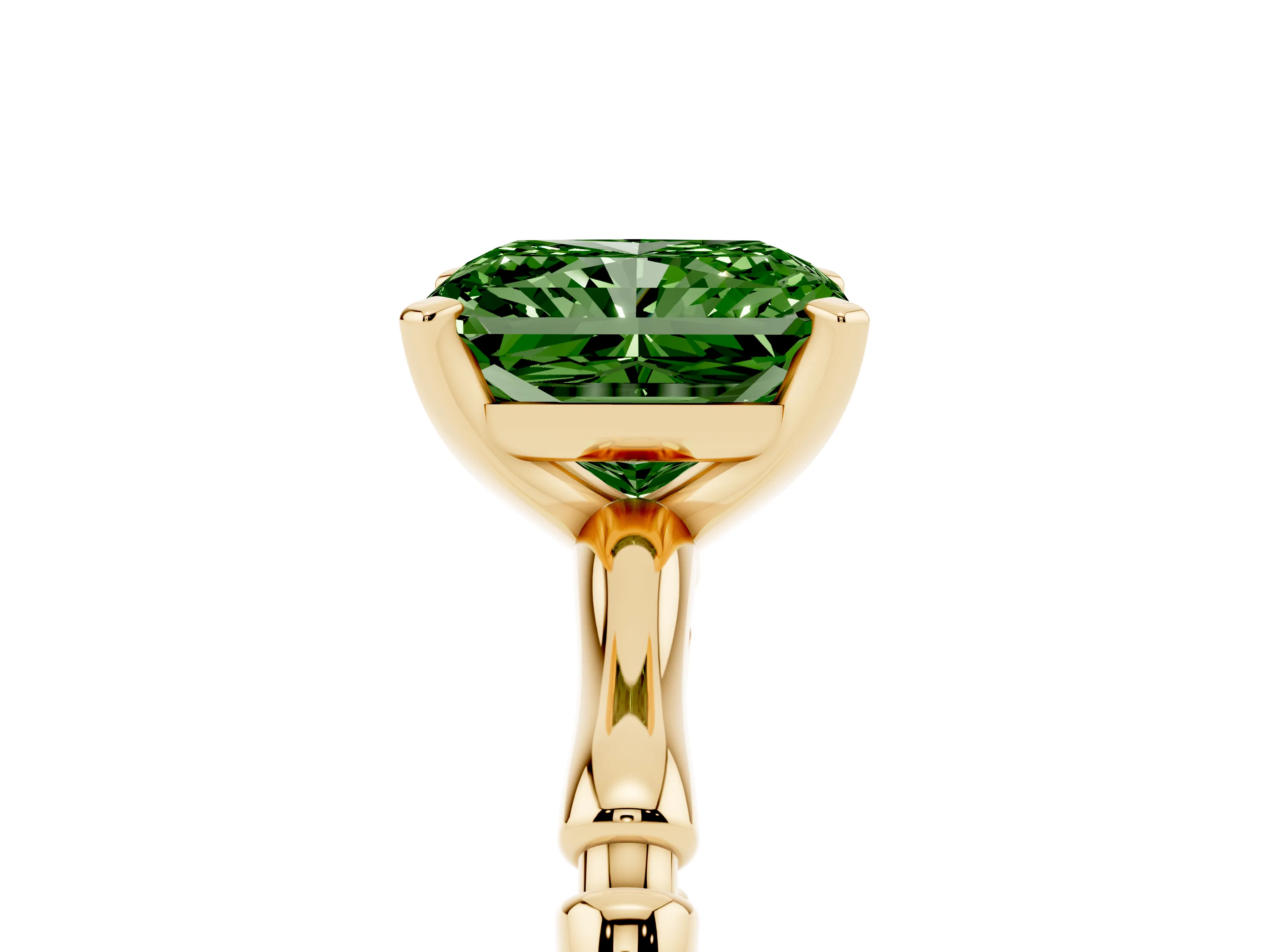 Fancy Green Radiant Cut Diamond Solitaire Ring Set in Yellow gold with Bamboo Band and Prong Setting