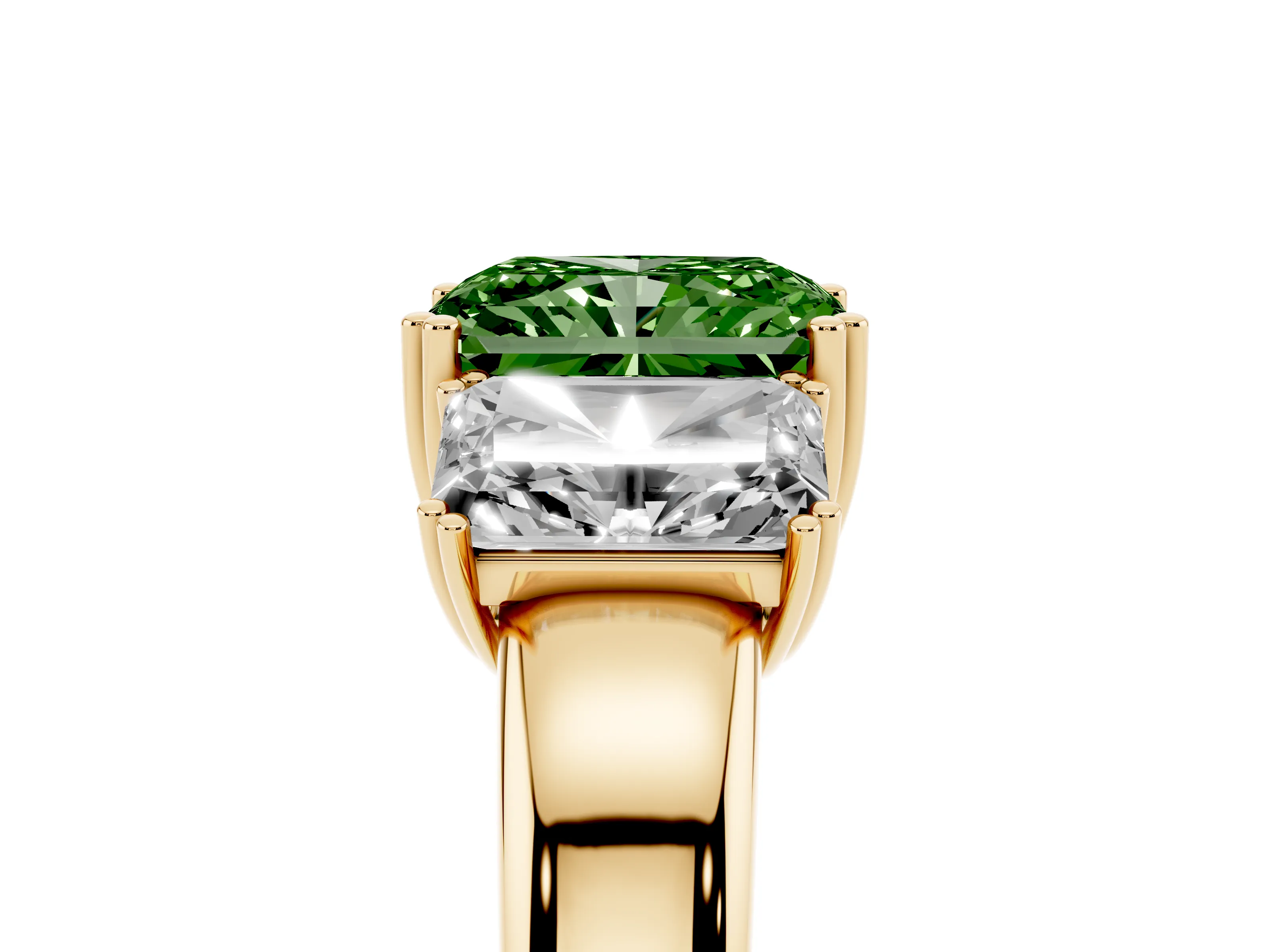 Fancy Green Radiant Cut Diamond Three-Stone Ring Set in Yellow gold with Polished Channel-Set Band