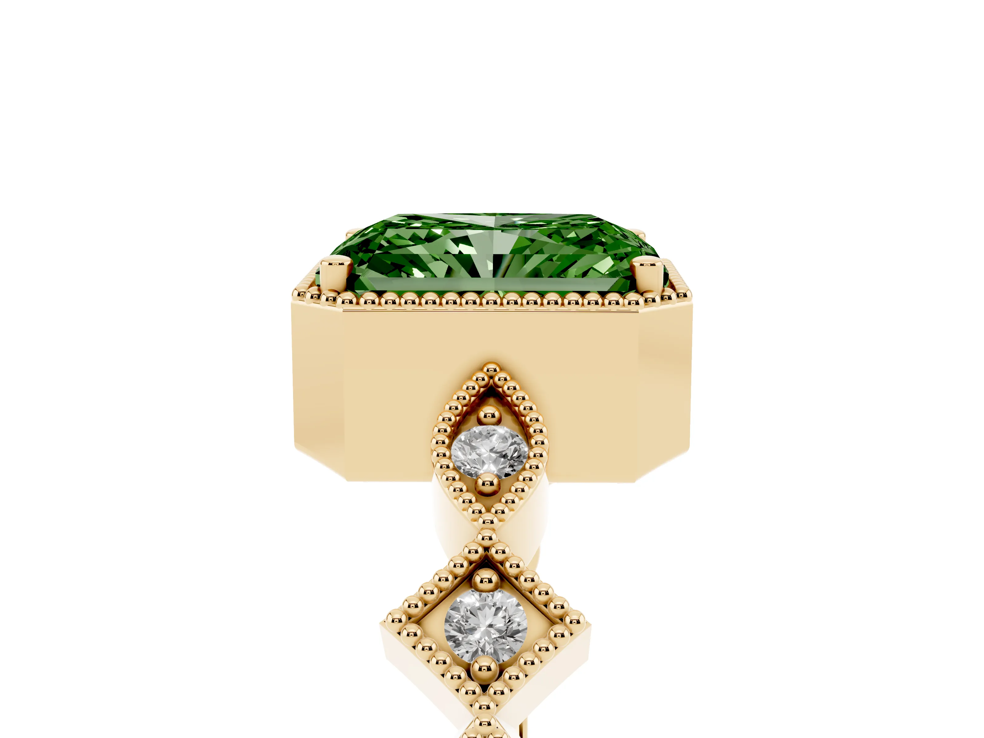 Fancy Green Radiant Cut Diamond Milgrain Marquise Twist Band Ring Set in Yellow gold with Prong Setting