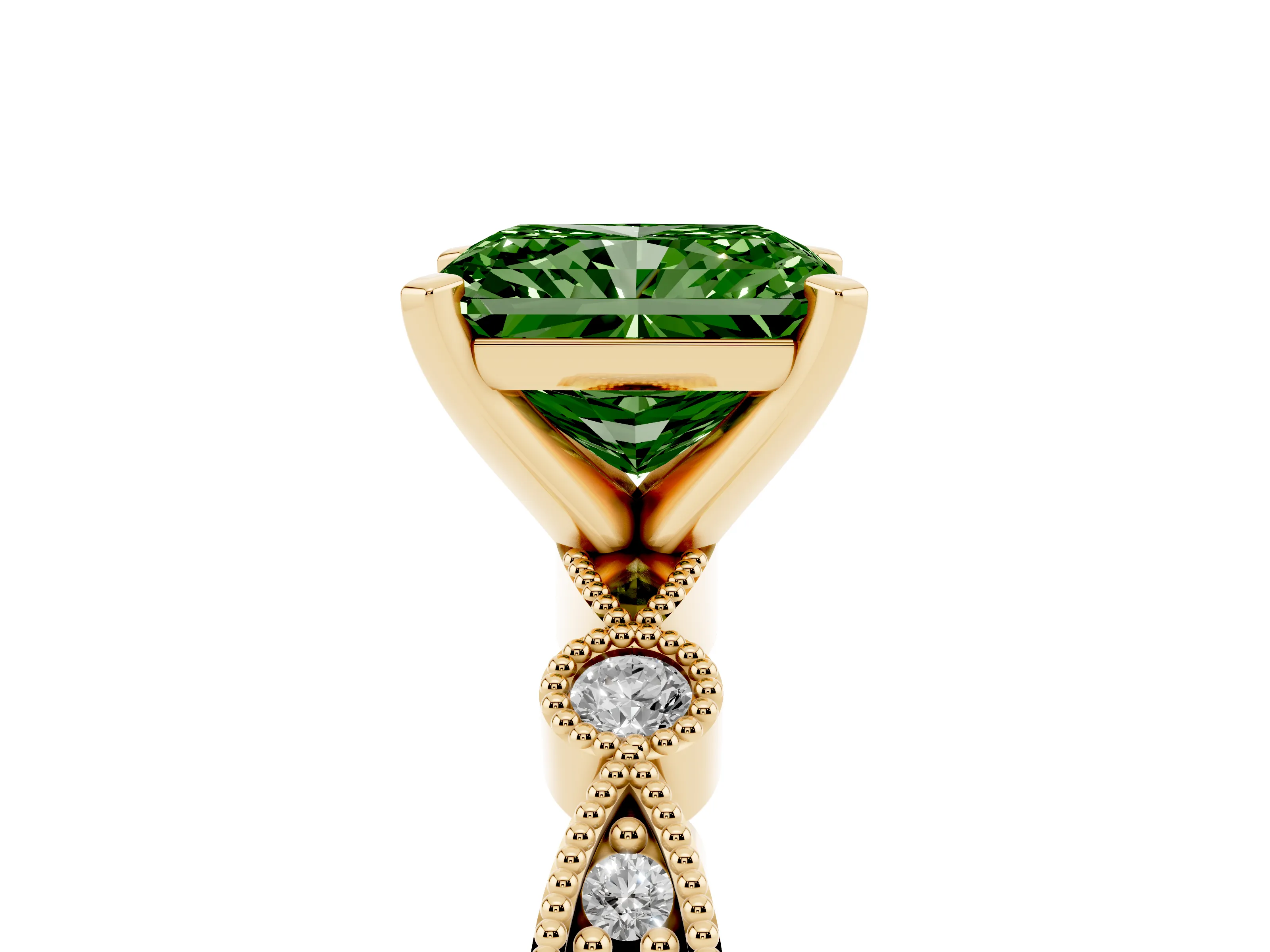 Fancy Green Radiant Cut Diamond Solitaire Engagement Ring Set in Yellow gold with Milgrain Bezel Accent Band