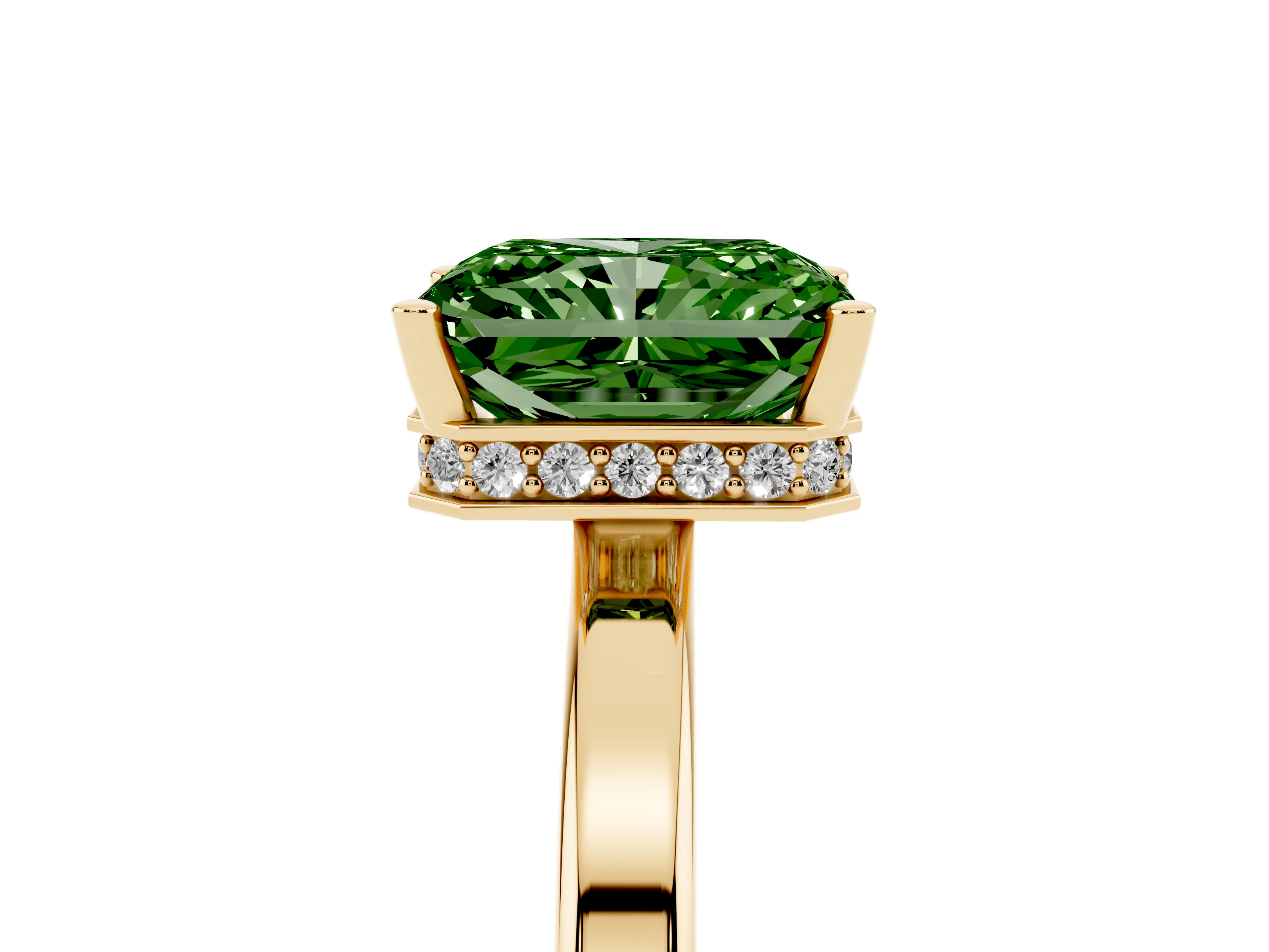 Fancy Green Radiant Cut Diamond Solitaire Engagement Ring Set in Yellow gold with Prong Setting on a Plain Band