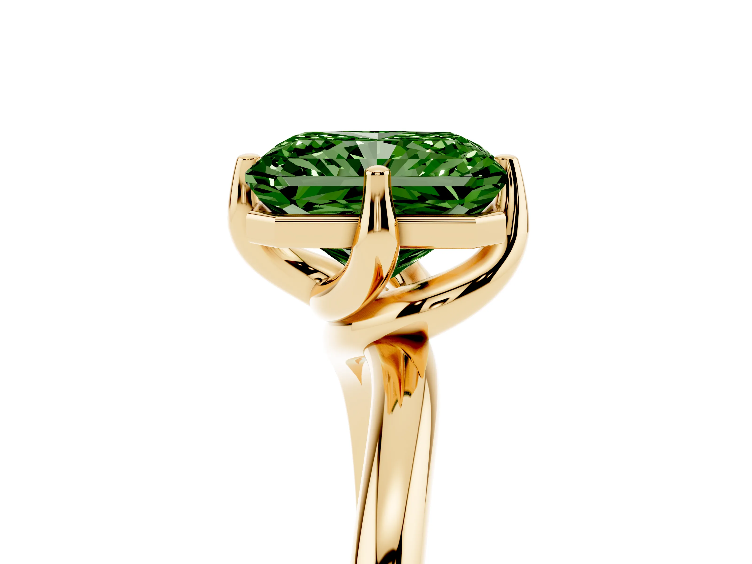 Fancy Green Radiant Cut Diamond Solitaire Engagement Ring Set in Yellow gold with Classic Plain Band