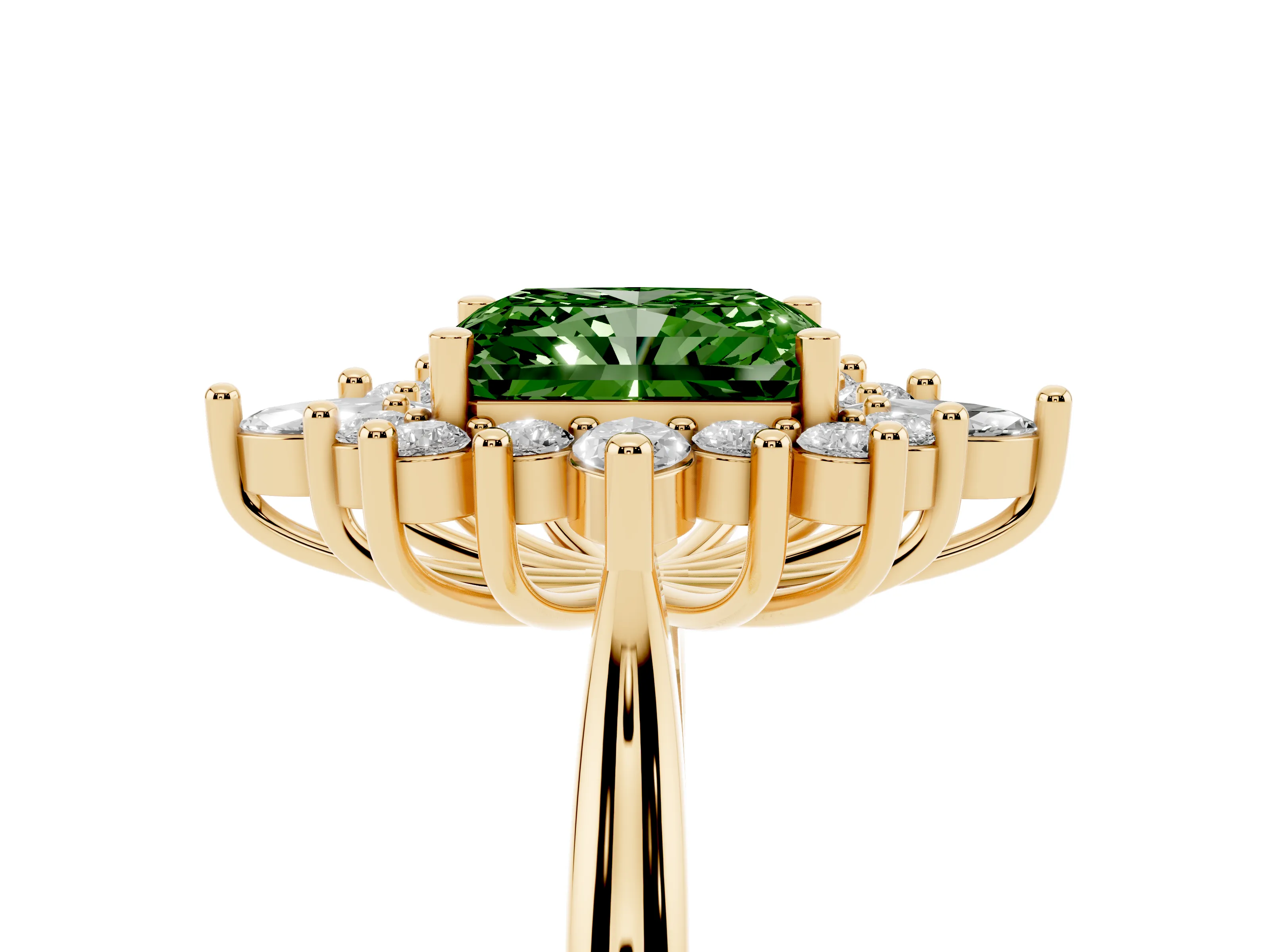 Fancy Green Radiant Cut Diamond Cluster Halo Ring Set in Yellow gold with Marquise and Round Accents