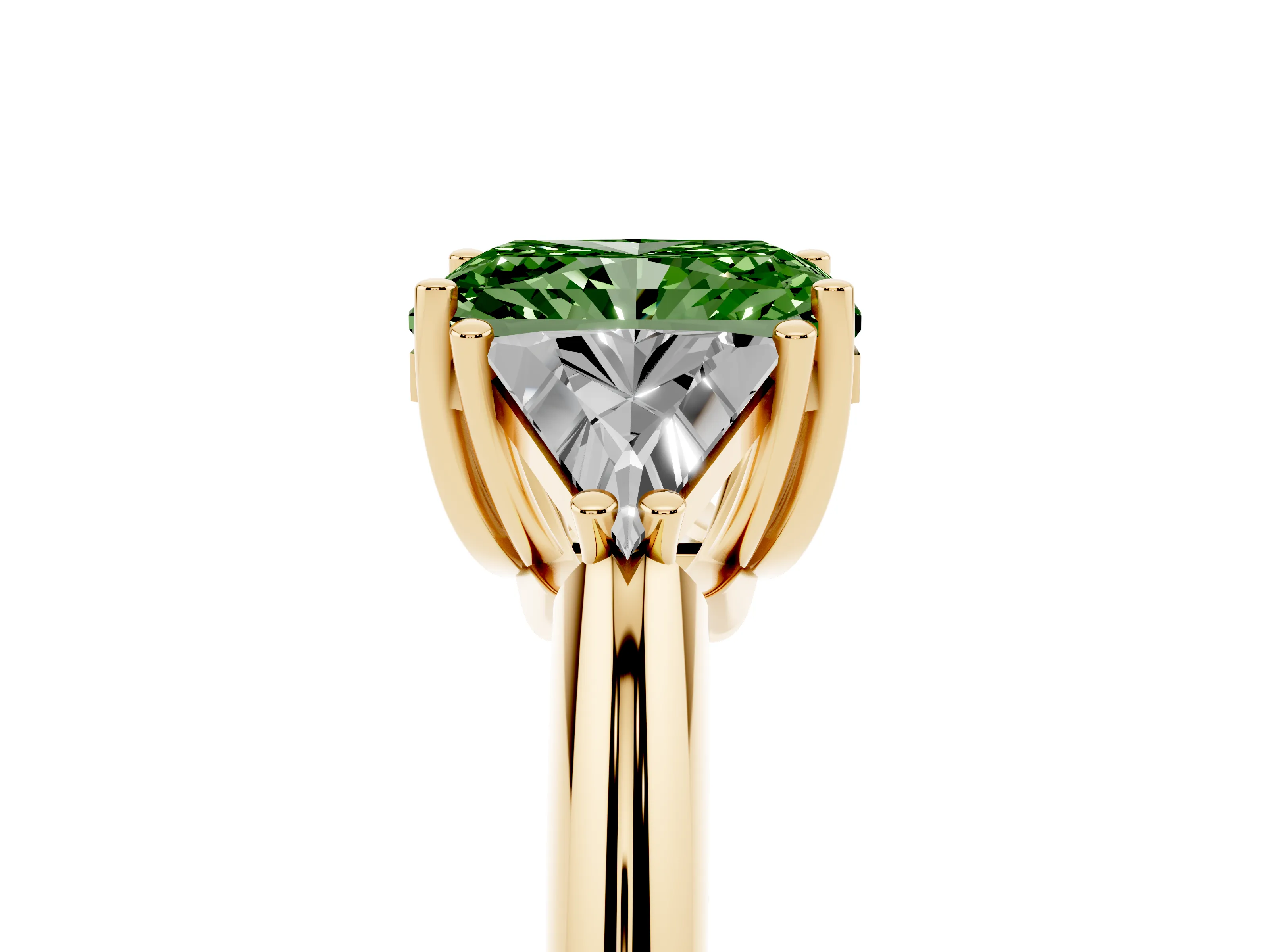 Fancy Green Radiant Cut Diamond Three-Stone Engagement Ring Set in Yellow gold with Trillion Side Stones