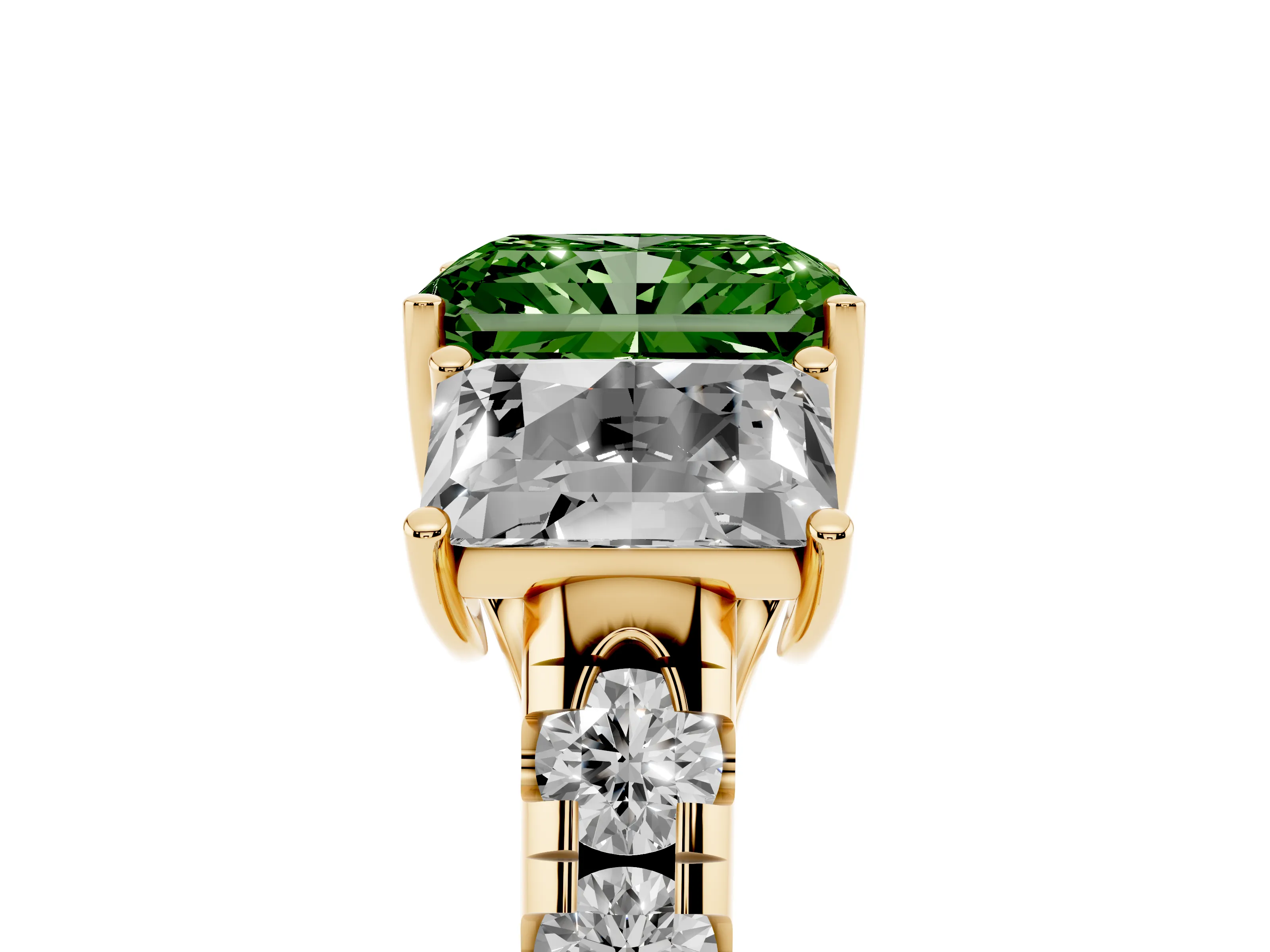 Fancy Green Radiant Cut Diamond Three-Stone Ring Set in Yellow gold with Pavé Band