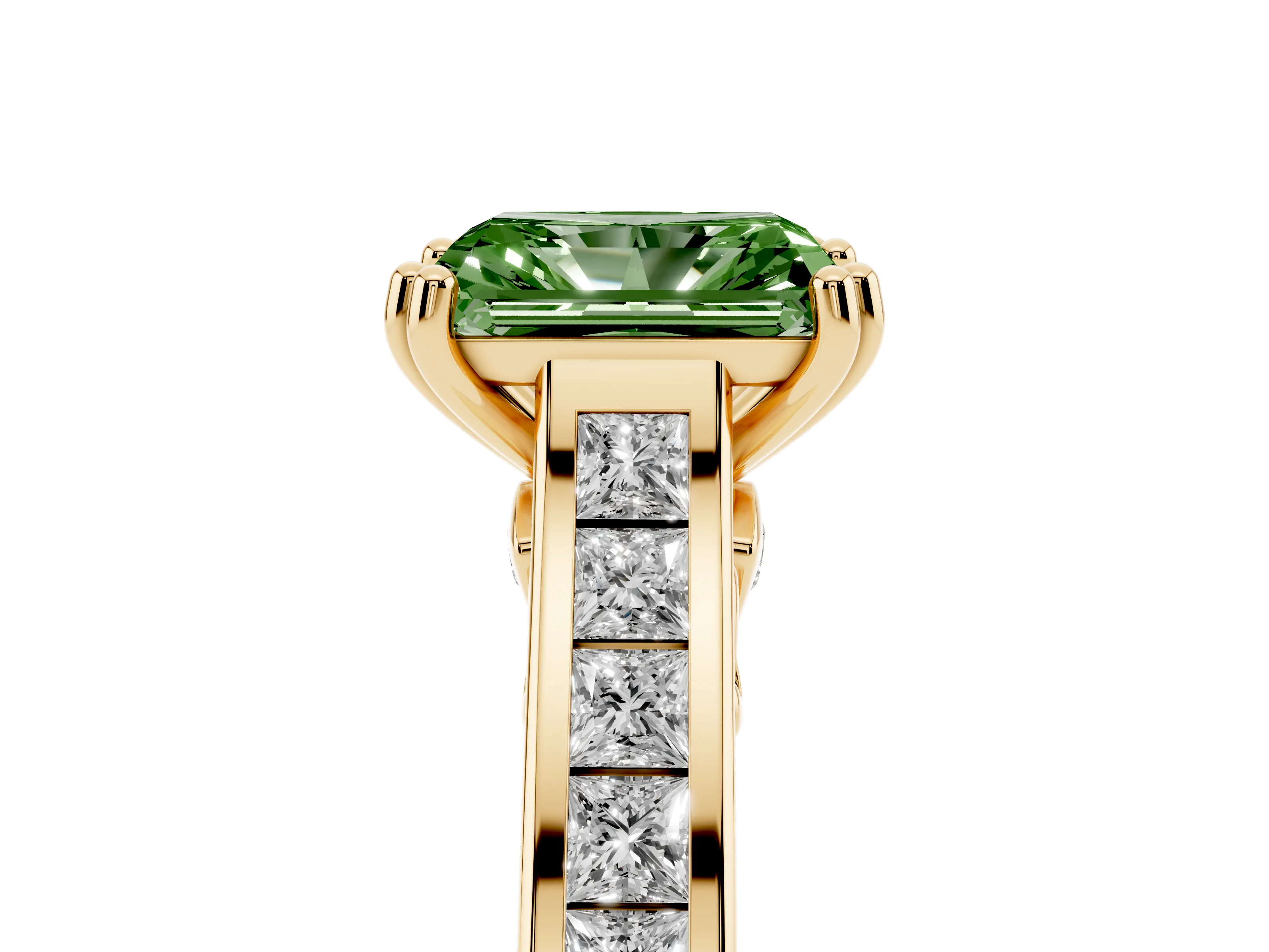 Fancy Green Radiant Cut Diamond Channel Set Solitaire Engagement Ring Set in Yellow gold with Prong Setting