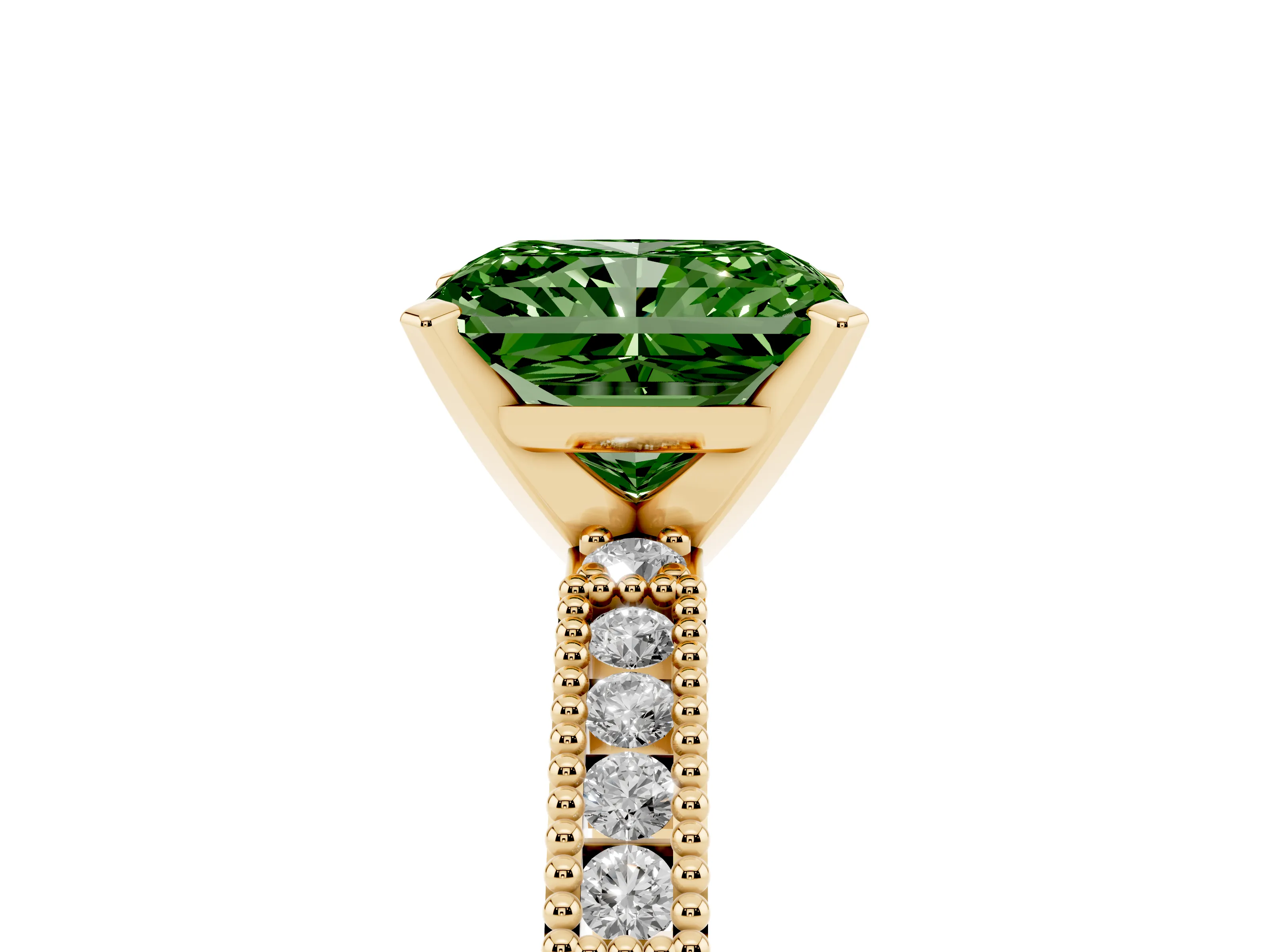 Fancy Green Radiant Cut Diamond Solitaire Ring Set in Yellow gold with Slim Pavé Band and Prong Setting
