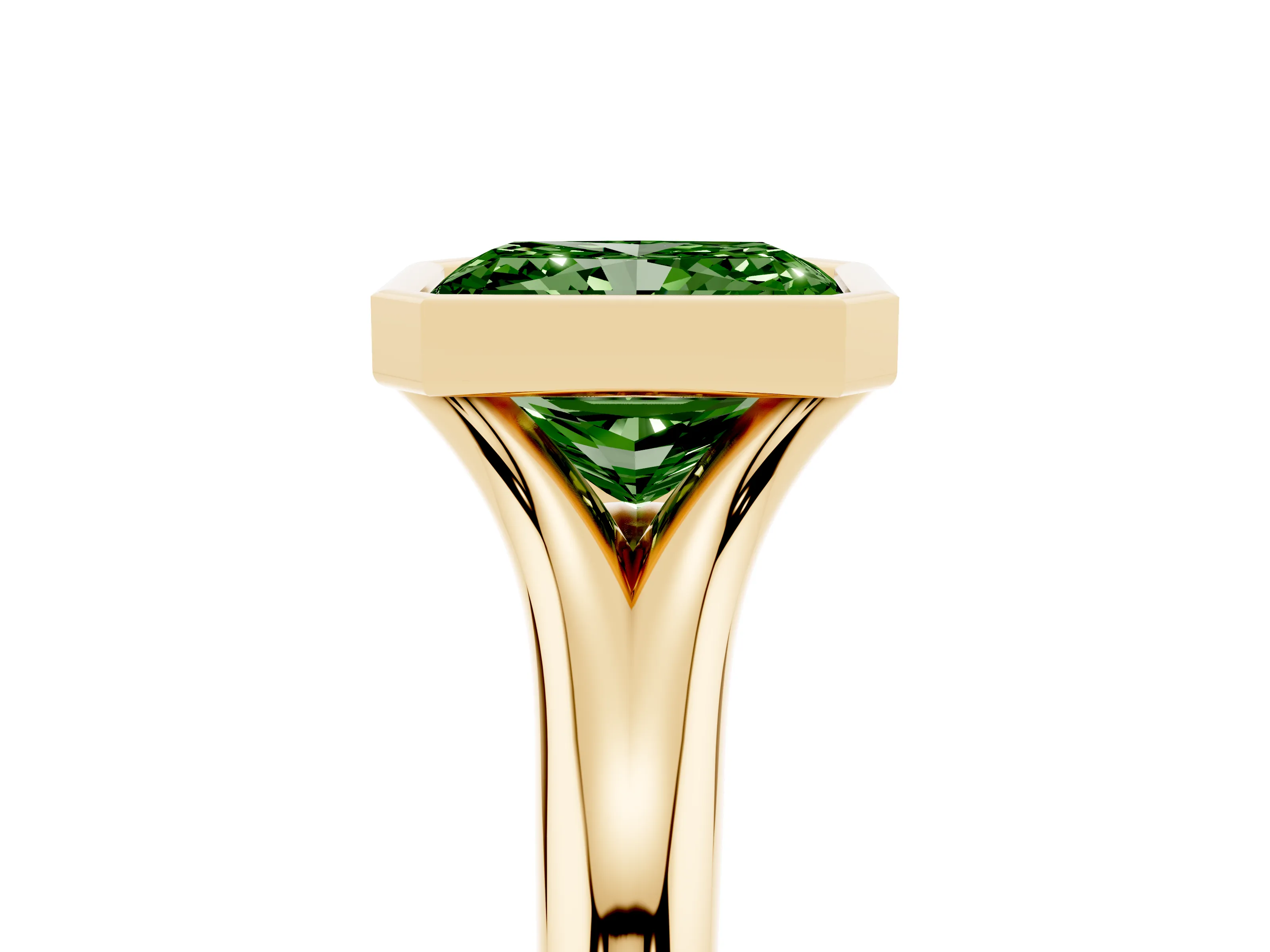 Fancy Green Bezel Set Radiant Cut Diamond Solitaire Ring Set in Yellow gold with Smooth Band