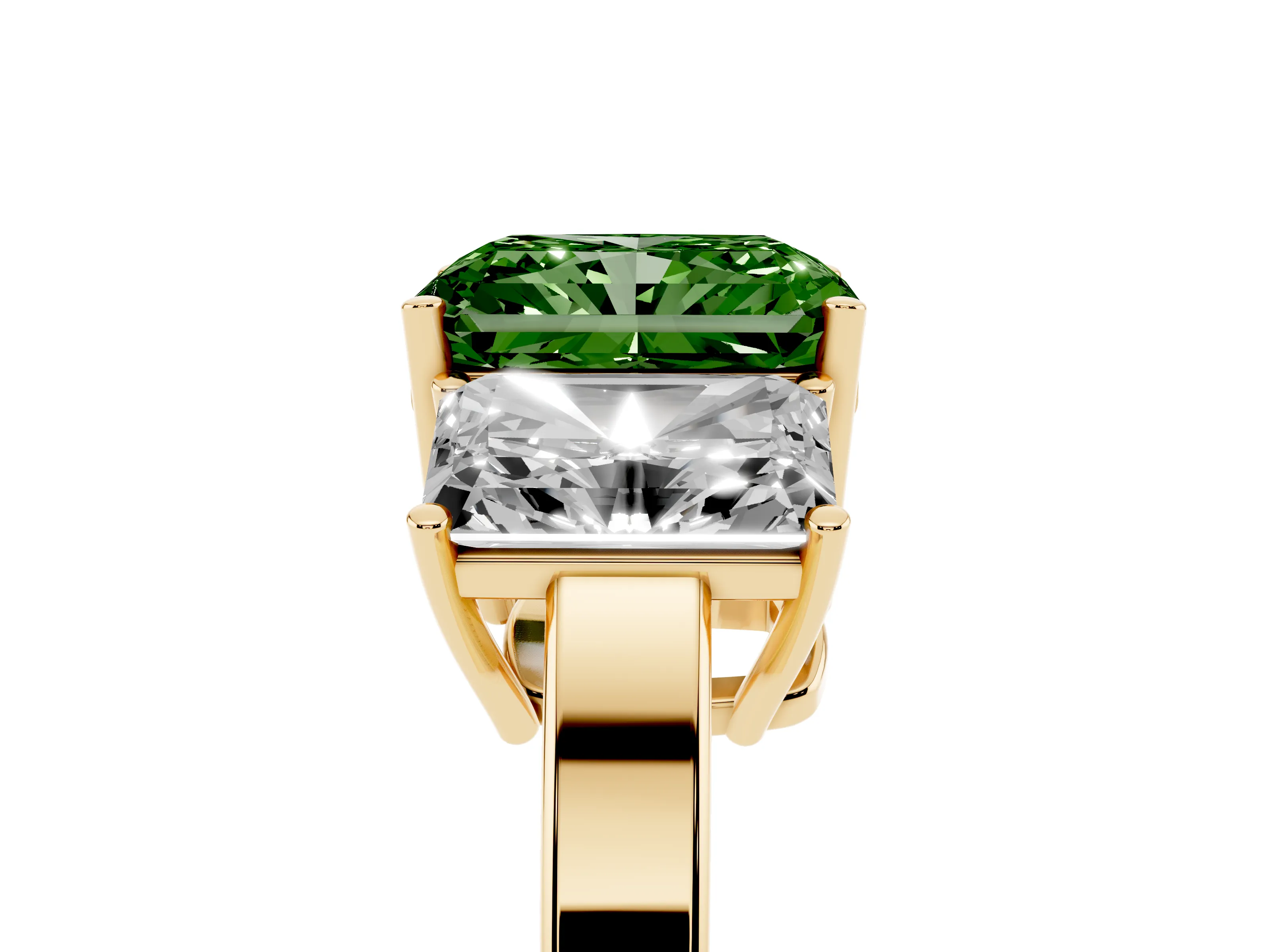 Fancy Green Radiant Cut Diamond Three-Stone Engagement Ring Set in Yellow gold with Flat Band