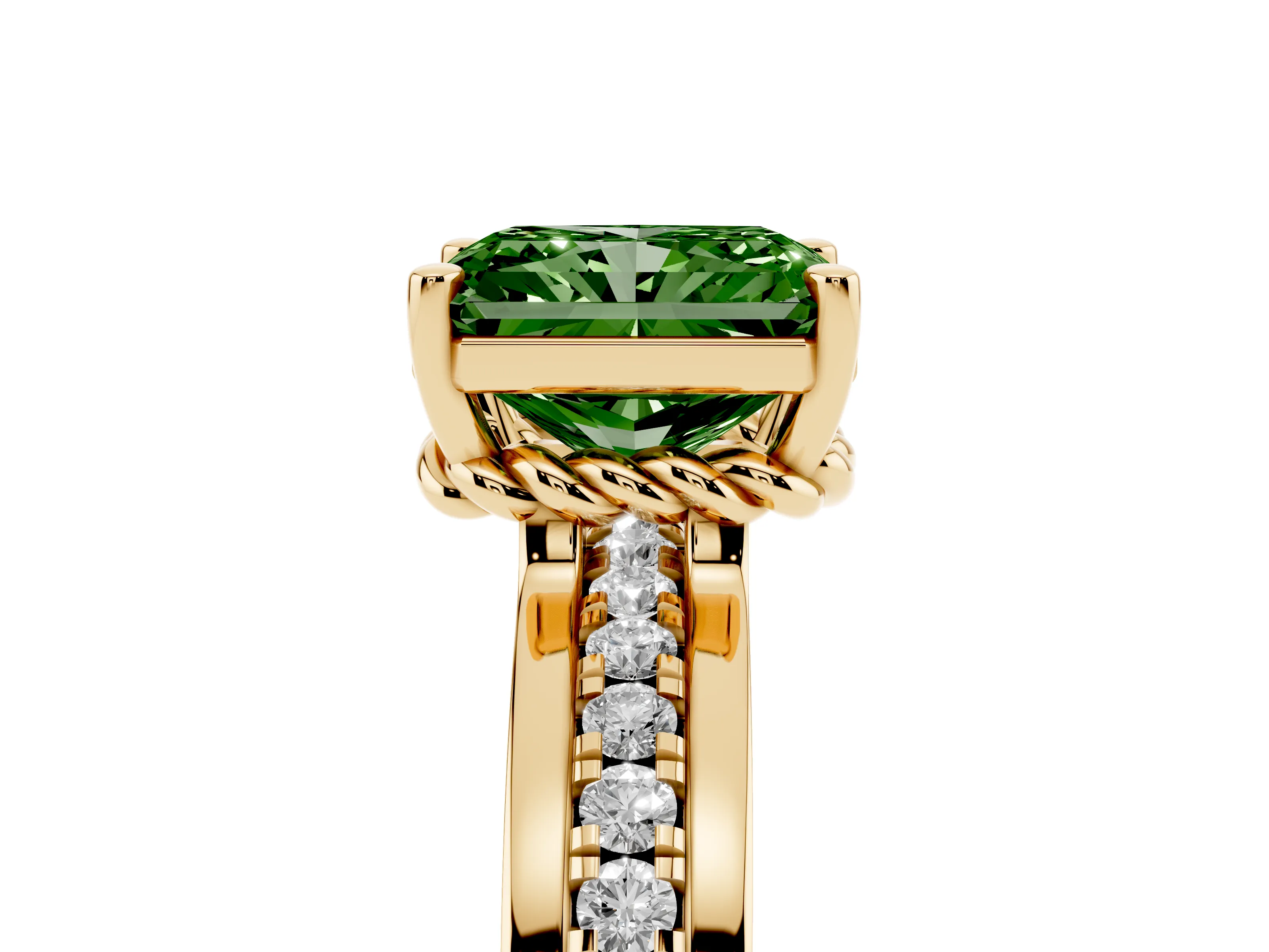 Fancy Green Radiant Cut Diamond Solitaire Ring Set in Yellow gold with Channel Set Band and Prong Setting