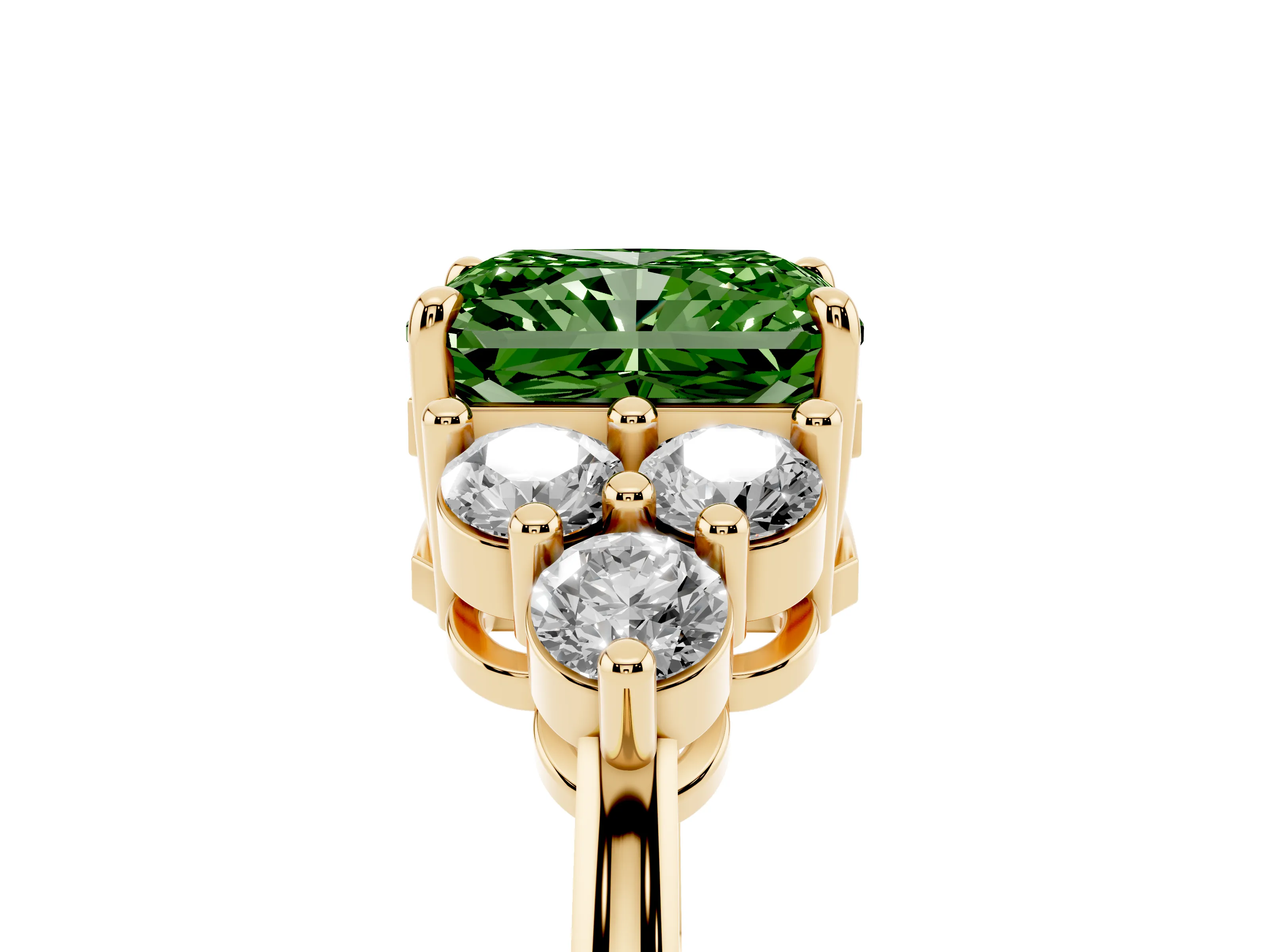 Fancy Green Radiant Cut Diamond Solitaire Ring Set in Yellow gold with Cluster Accents on Each Side